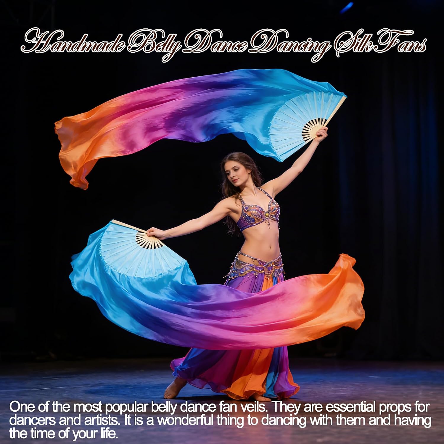 Belly Dance Faux Silk Veil Fans, 1 Pair (Left+Right) Faux Silk Bamboo Long Fans Veils, Handmade Belly Dance Dancing Silk Fans, Dance Performance