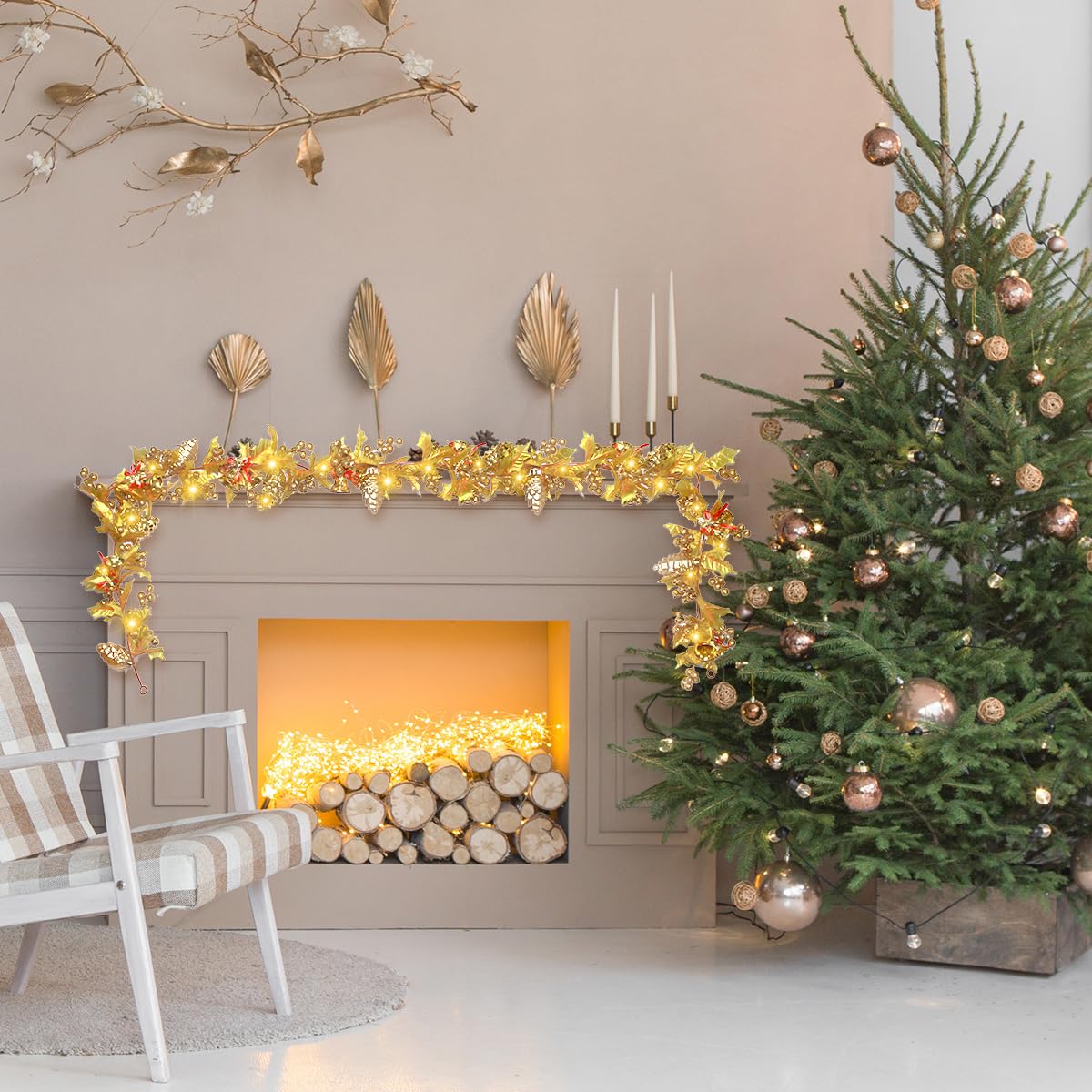 Las coronas de imitación preiluminadas de 6 pies son adecuadas para las vacaciones de Navidad y el juego de coronas y coronas de Navidad, conos de pino de ratán y decoraciones de chimenea de luz