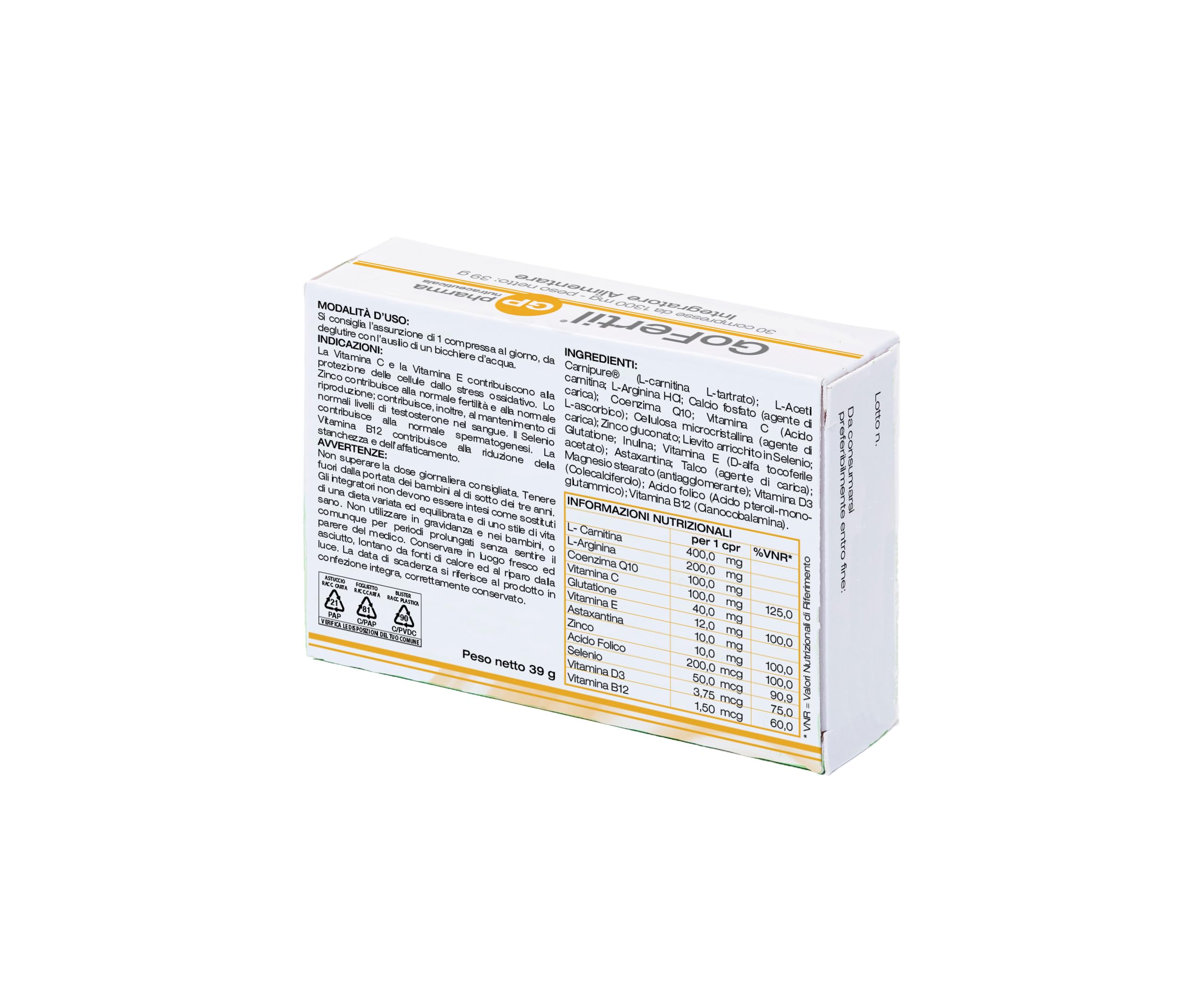 GoFertil® GP Nutraceuticals Integratore Fertilità Maschile, L-Carnitina Carnipure®, Arginina, Coenzima Q10, Zinco, Selenio, Glutatione, Astaxantina, Vitamine C E D3 B12, potenzia la fertilità