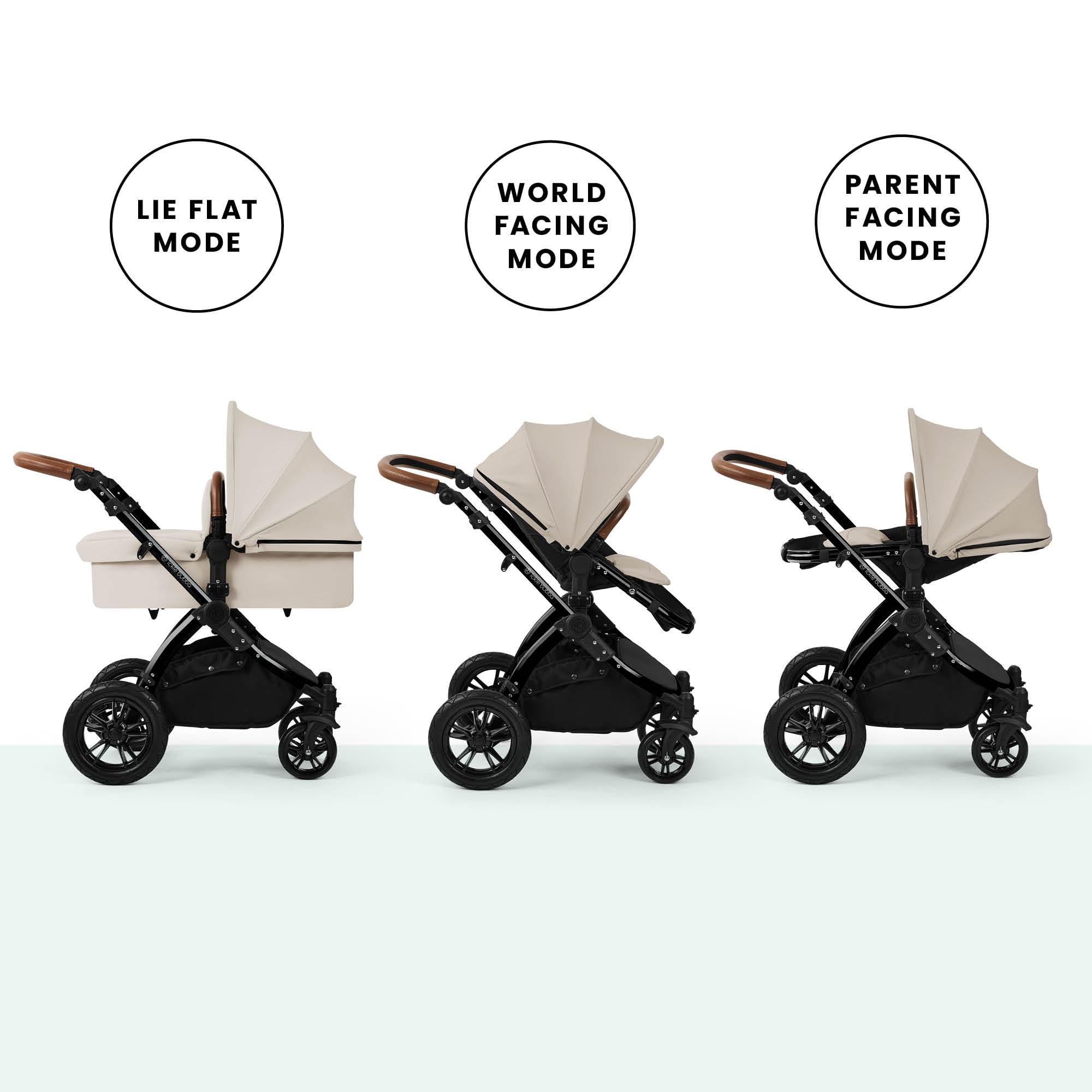 Ickle Bubba Stomp Luxe Poussette tout terrain 2 en 1 pliable avec housse de pluie, chancelière, tablier et pare-soleil avec roues anti-crevaison (châssis noir, pierre/brun clair)