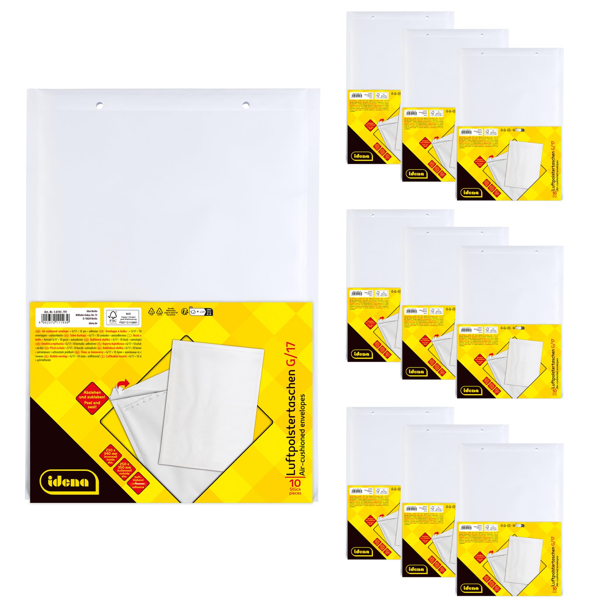 Idena 90562 Bubble Envelopes G/17 Pack of 10 25 x 35 cm Peel and Seal Padded Envelopes Made of FSC Mix Paper in White