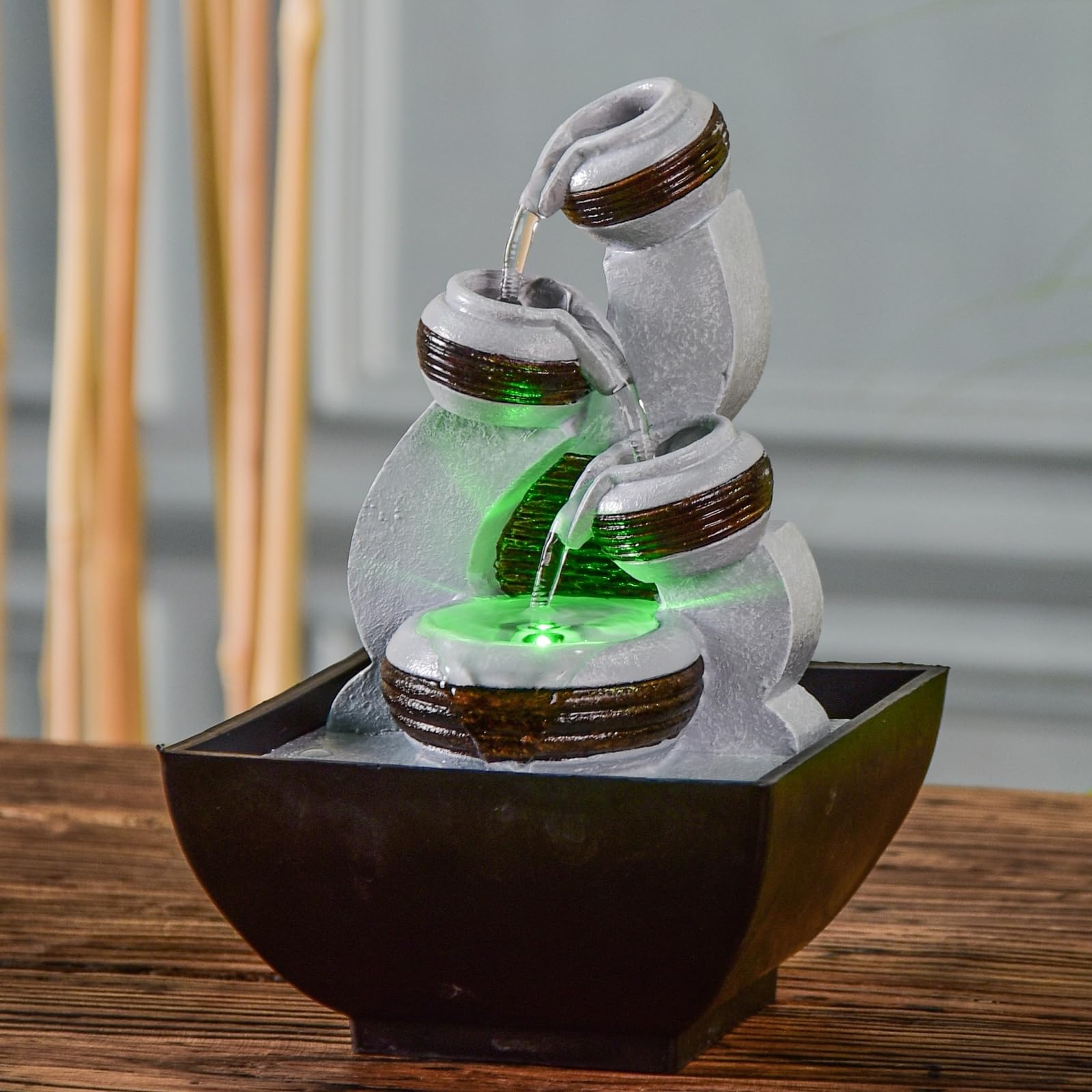 Fontaine Kara - Fontanna do wnętrz Wodospad Słoik - Dekoracja wnętrz Zen Relax - Pomysł na prezent - Fontanna stołowa LED - Obwód zamknięty - Czarny i szary - Wysokość 18 cm - Zen'Light