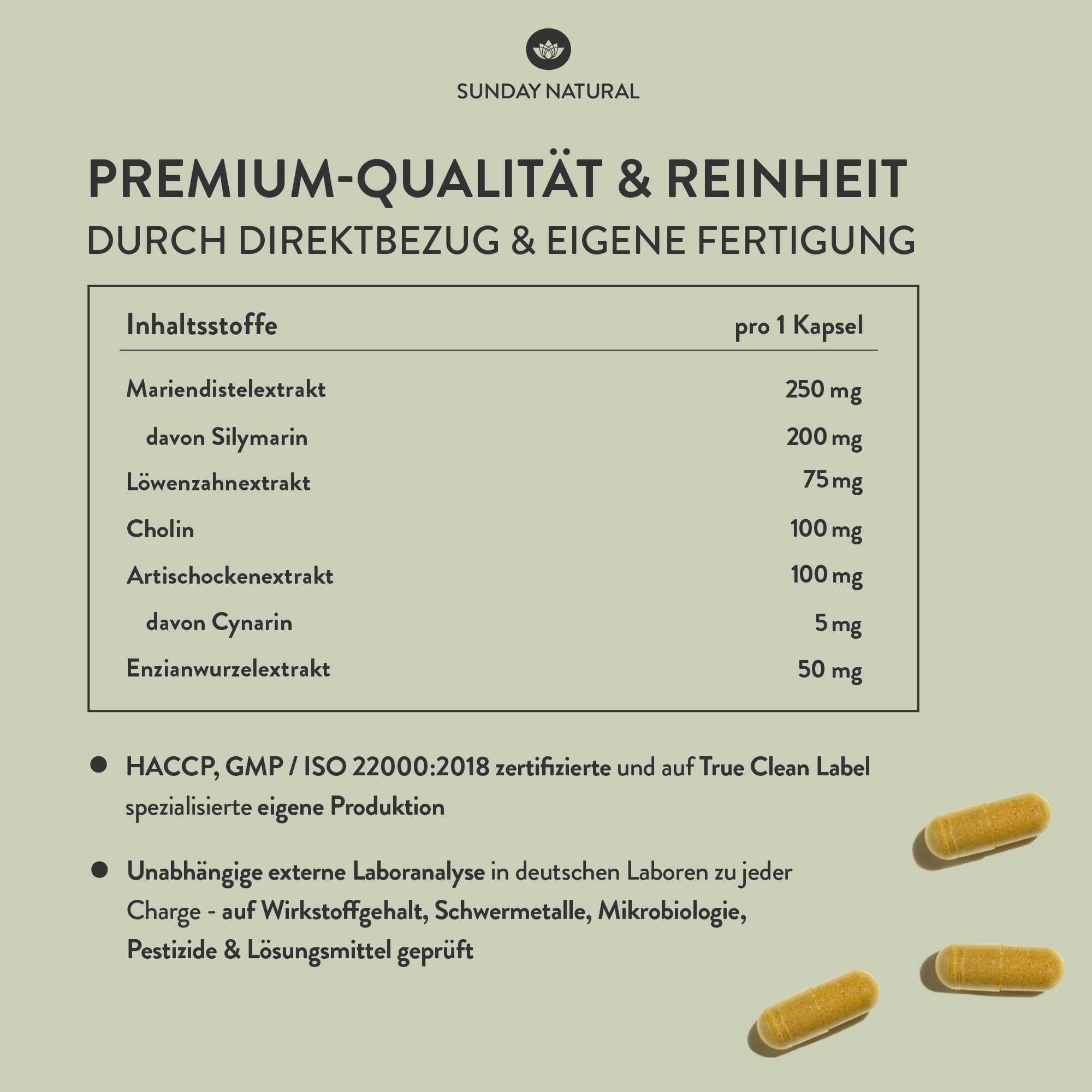 SUNDAY NATURAL® Mariendistel Artischocke Löwenzahn - 180 Cholin Kapseln - Leber Komplex mit 80% Silymarin & 100mg Cholin - Hochdosiert, vegan, laborgeprüft in Deutschland