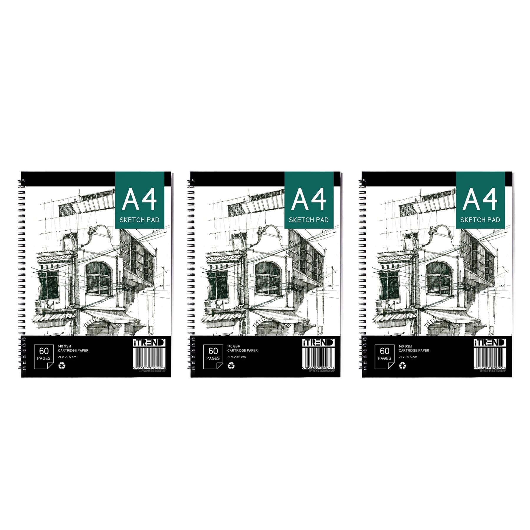 Itrend White A4 Artist Sketch Book - Spiral Sketchbook - Cartridge Art Drawing Paper - A4 60 Pages Sketch Pad - 140Gsm Cartridge Paper - 21 X 29.5Cm - Pack Of 3