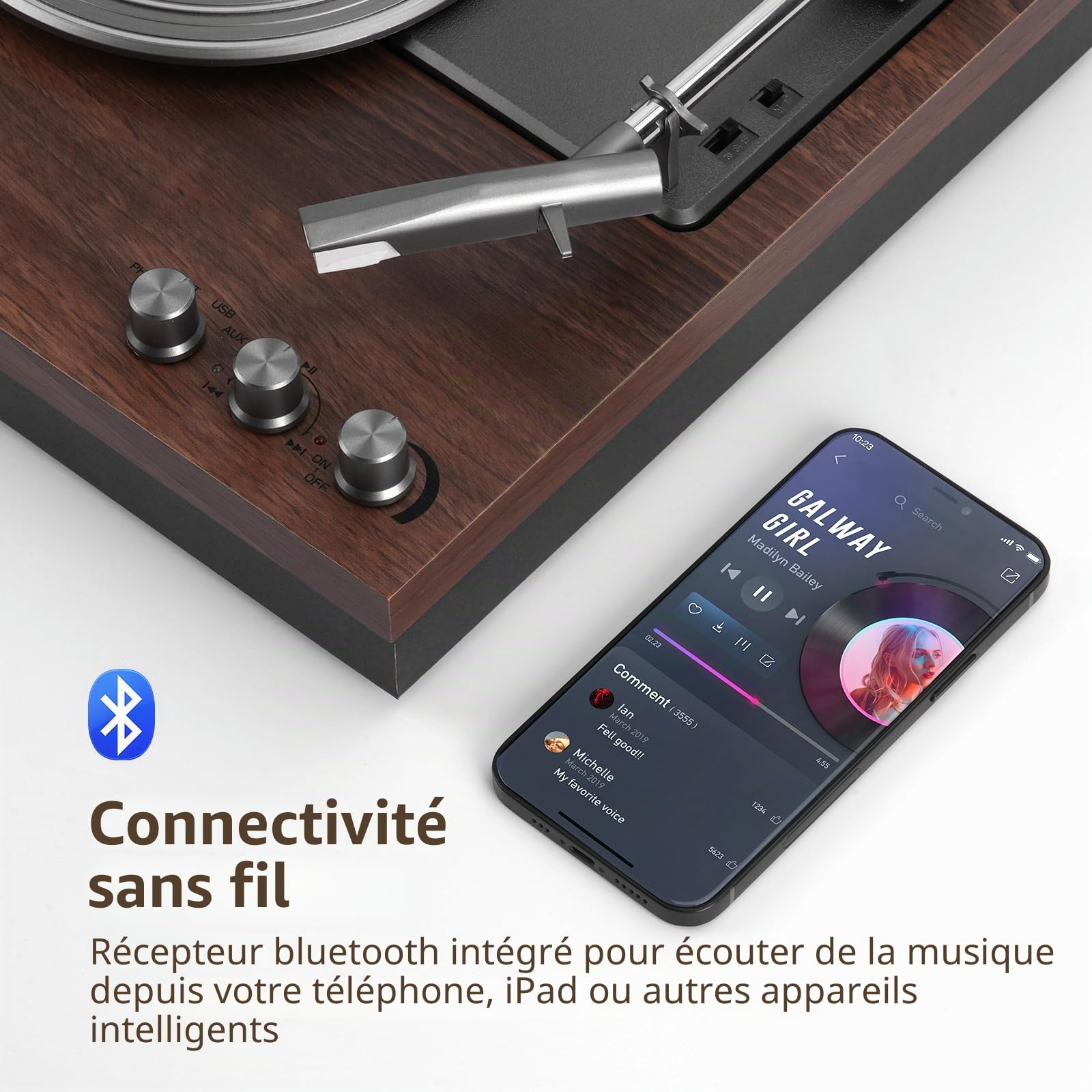 Tourne-disque 3 vitesses, 2 haut-parleurs extérieurs 15 W, Bluetooth, entrée auxiliaire, USB, LP-MP3, lecteur vinyle vintage, bois foncé