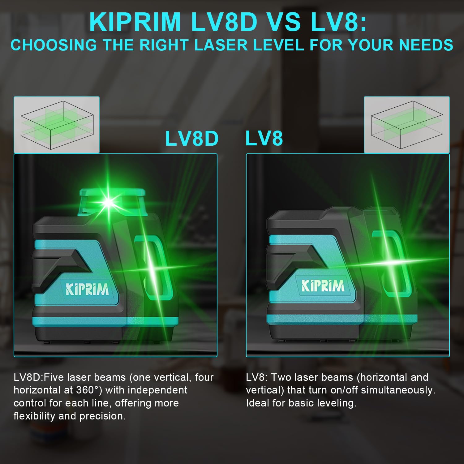 Nivel Láser, Kiprim LV8D Laser Autonivelante Verde con 3 Modos(Autonivelación, Manual y de Pulso), 5 Líneas Láser, Tiene Mayor Visibilidad y Brillo Ajustable, Pilas y Estuche de Transporte Incluidos