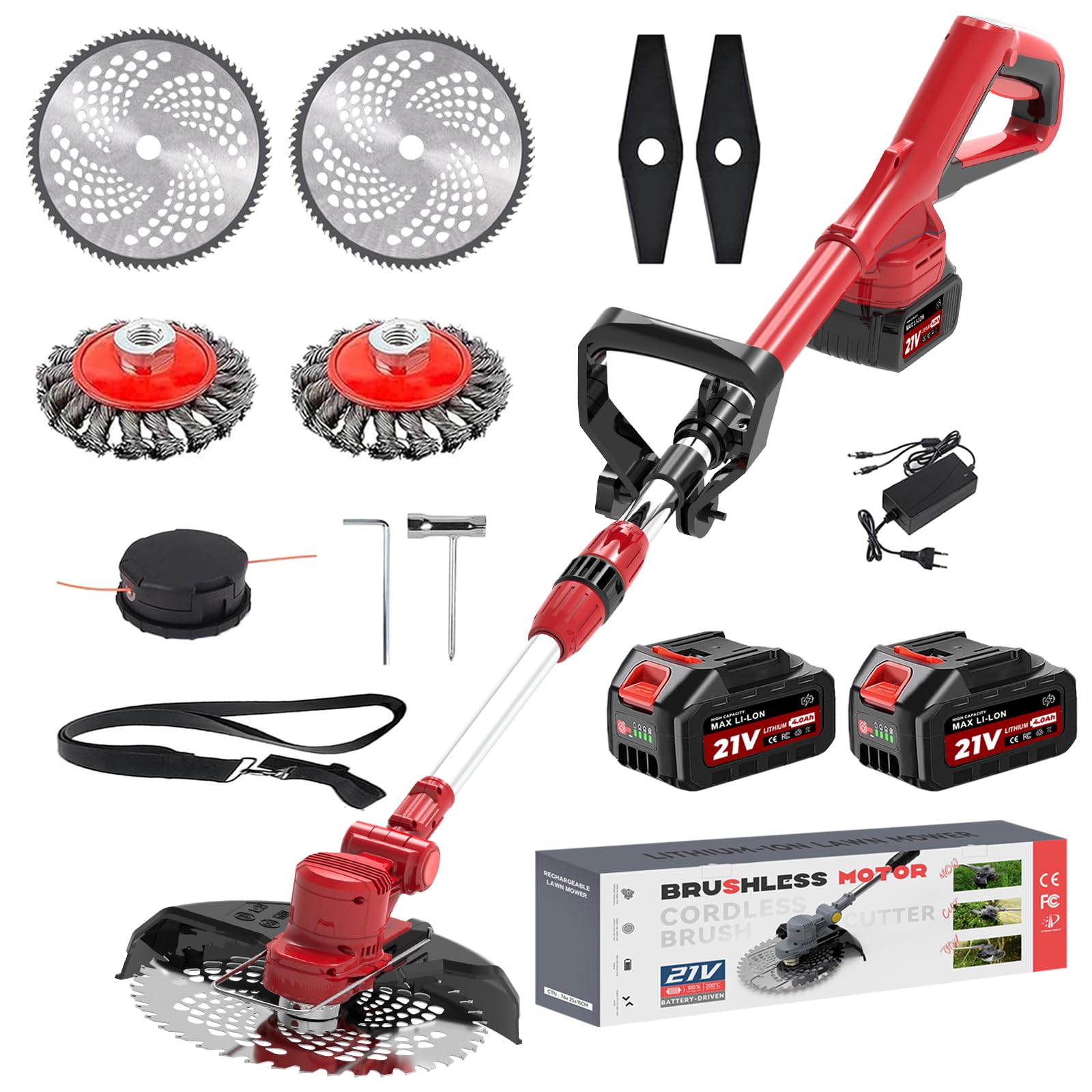 21 V corte borde inalámbrico, desbrozadora eléctrica inalámbrica, con 2 baterías y cuatro tipos de cuchillas, ligera a bajo ruido para jardín, deshierbe y callejón