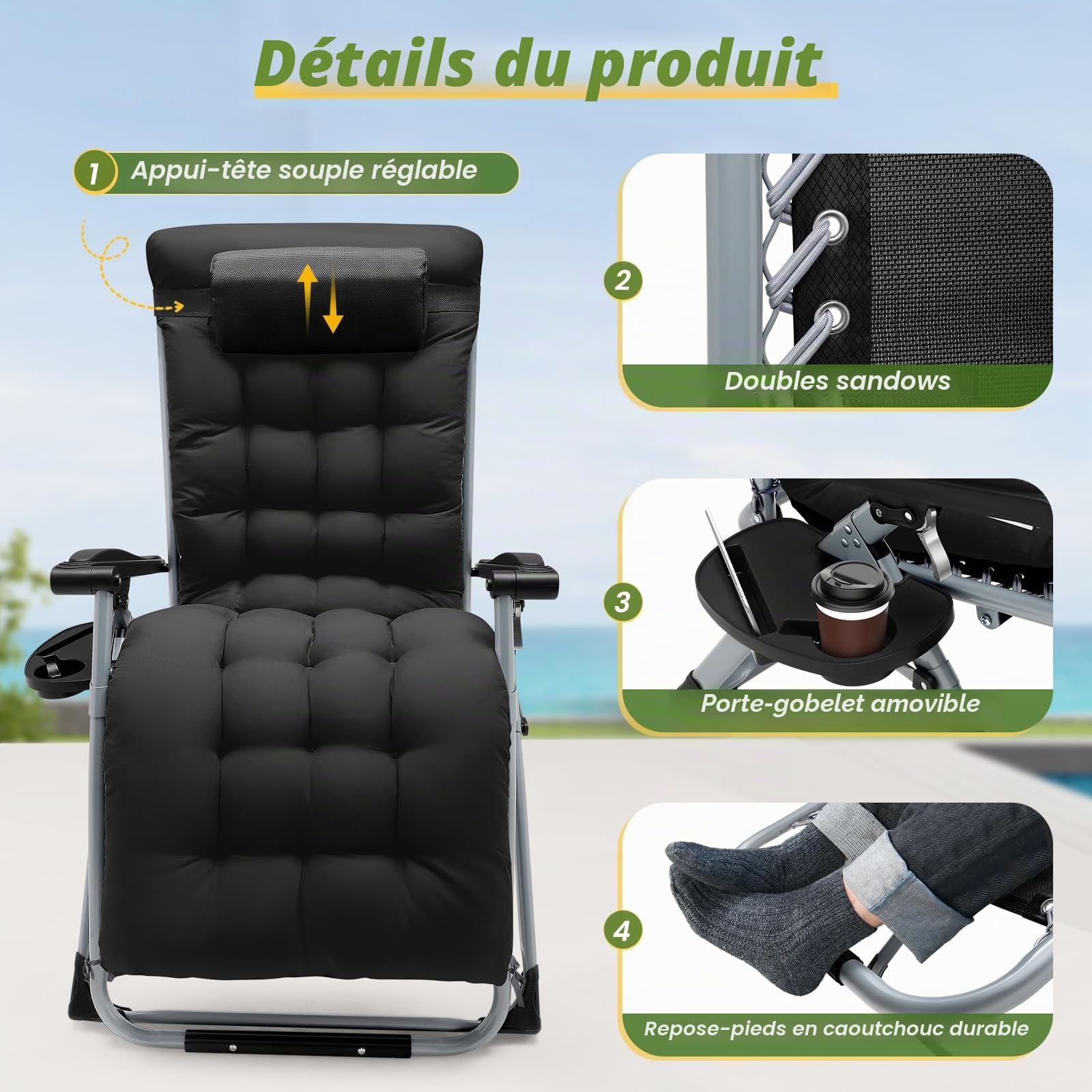 Lischwert Chaises de jardin Zéro Gravity, charge 199 kg, inclinables en textilène, appuie-tête réglable, support pour tasses et téléphone, chaise longue pliable (noir mat)