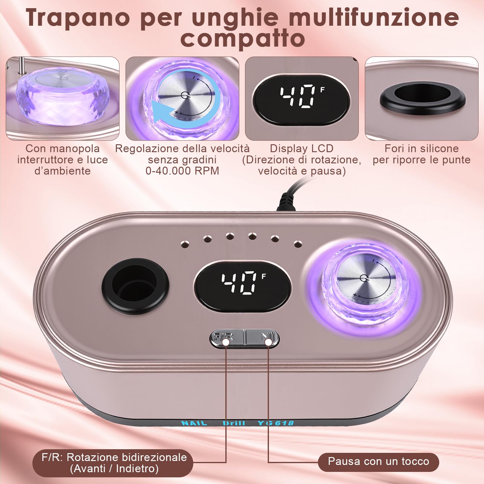 Fresa per unghie professionale 45000RPM,Fresa Per Unghie Con 12 Testine Di Levigatura,Display Lcd,Controllo Del Pulsante Illuminato,Silenzioso,Limetta portatile per gel acrilico