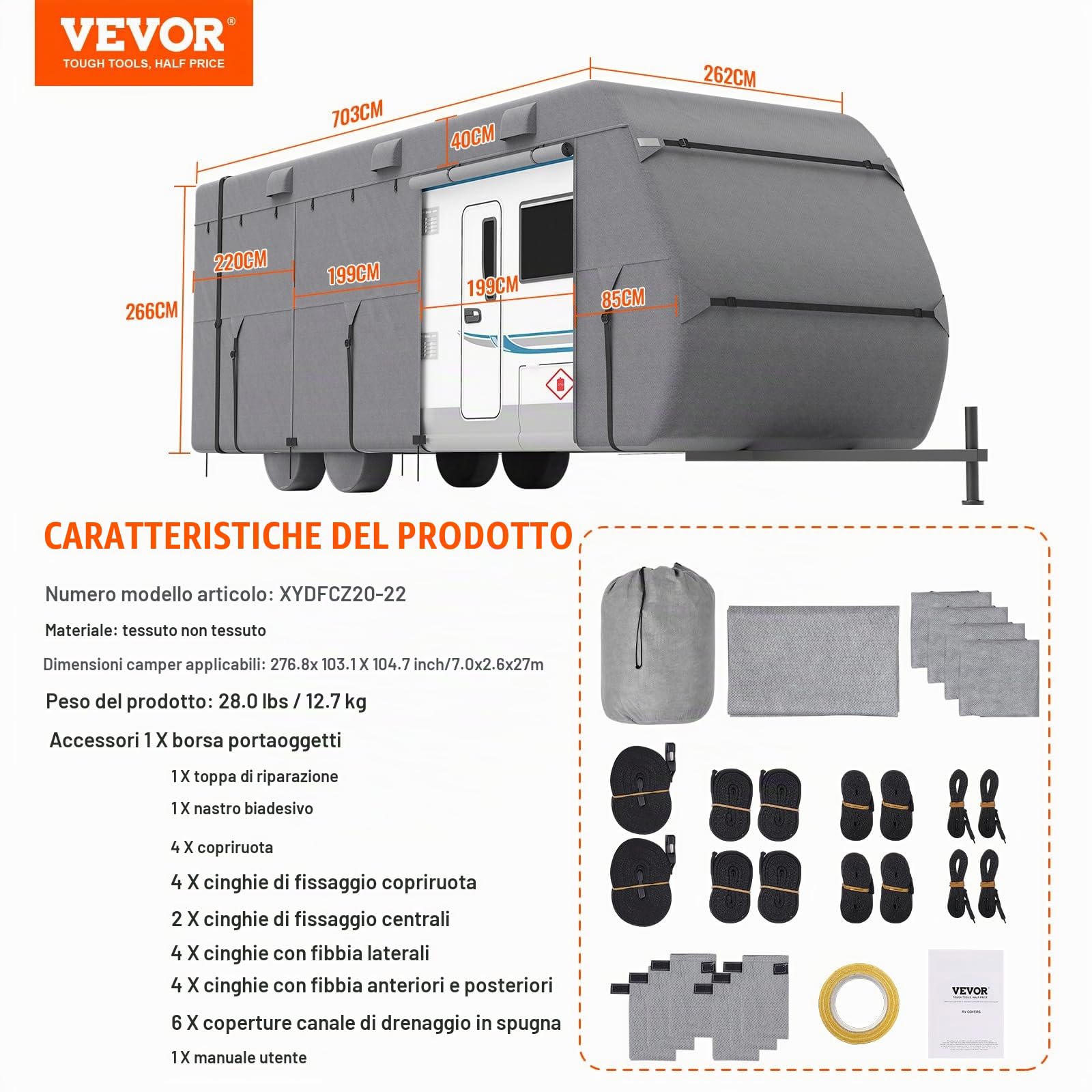 VEVOR Telo Copri Roulotte per Roulotte 6,1-6,7 m Copertura per Roulotte in Tessuto non Tessuto, Impermeabile, Antivento, Resistente a Sole, Copertura per Roulotte con Custodia, Toppe di Riparazione