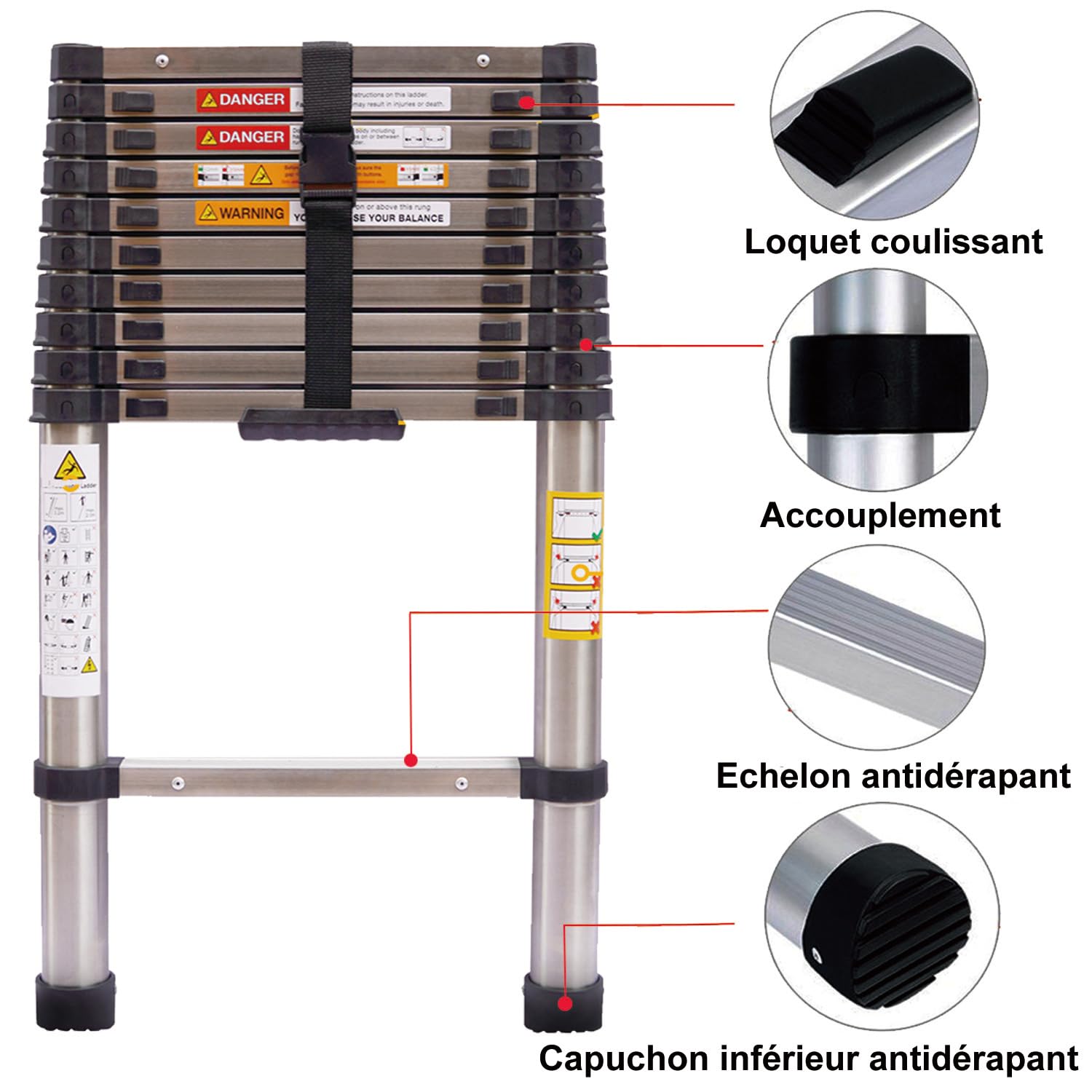 Scaletta telescopica da 3,2 m, pieghevole, scala telescopica pieghevole, in acciaio inox, con pedane a scomparsa, portata massima 150 kg