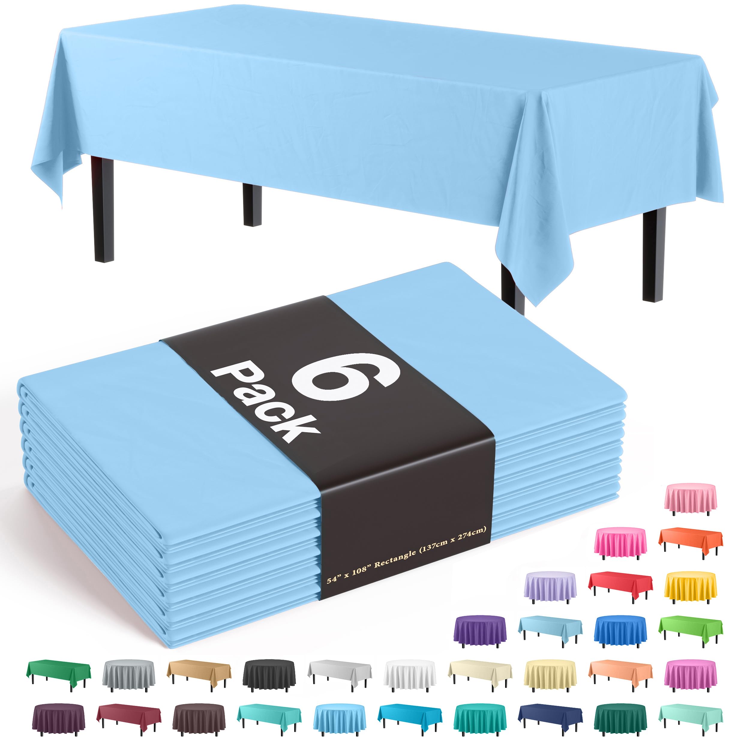 Party Solids 6-Pack Premium Plastic Tablecloth 54in. x 108in. Rectangle Plastic Table Cover - Light Blue