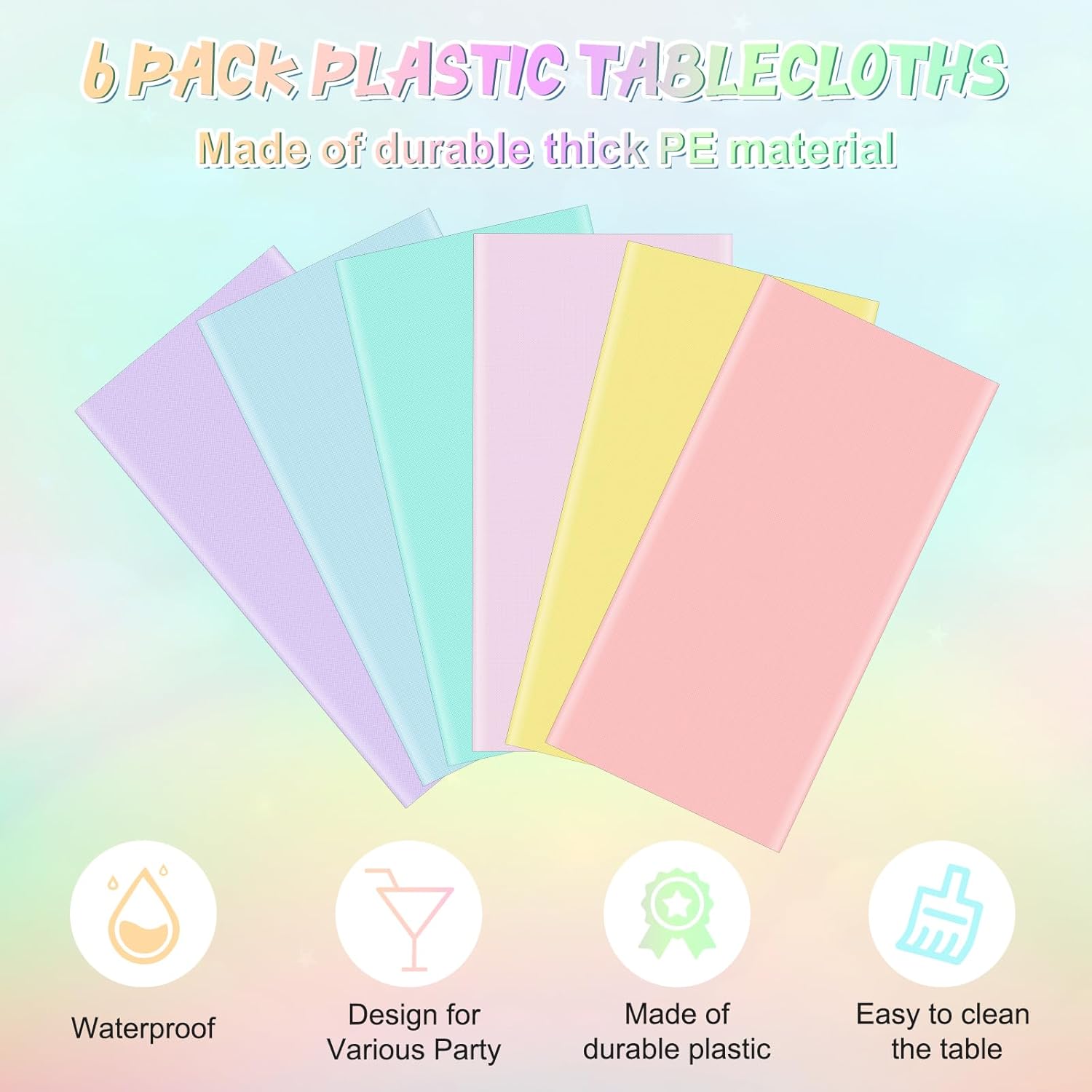 6Pcs Pastel Tablecloths, Rainbow Mix Color Plastic Tablecloth Disposable Rectangle Table Covers for Baby Shower,Bridal,Wedding, Easter,Birthday and Ice Cream Party Decoration, 54 x 108 Inch