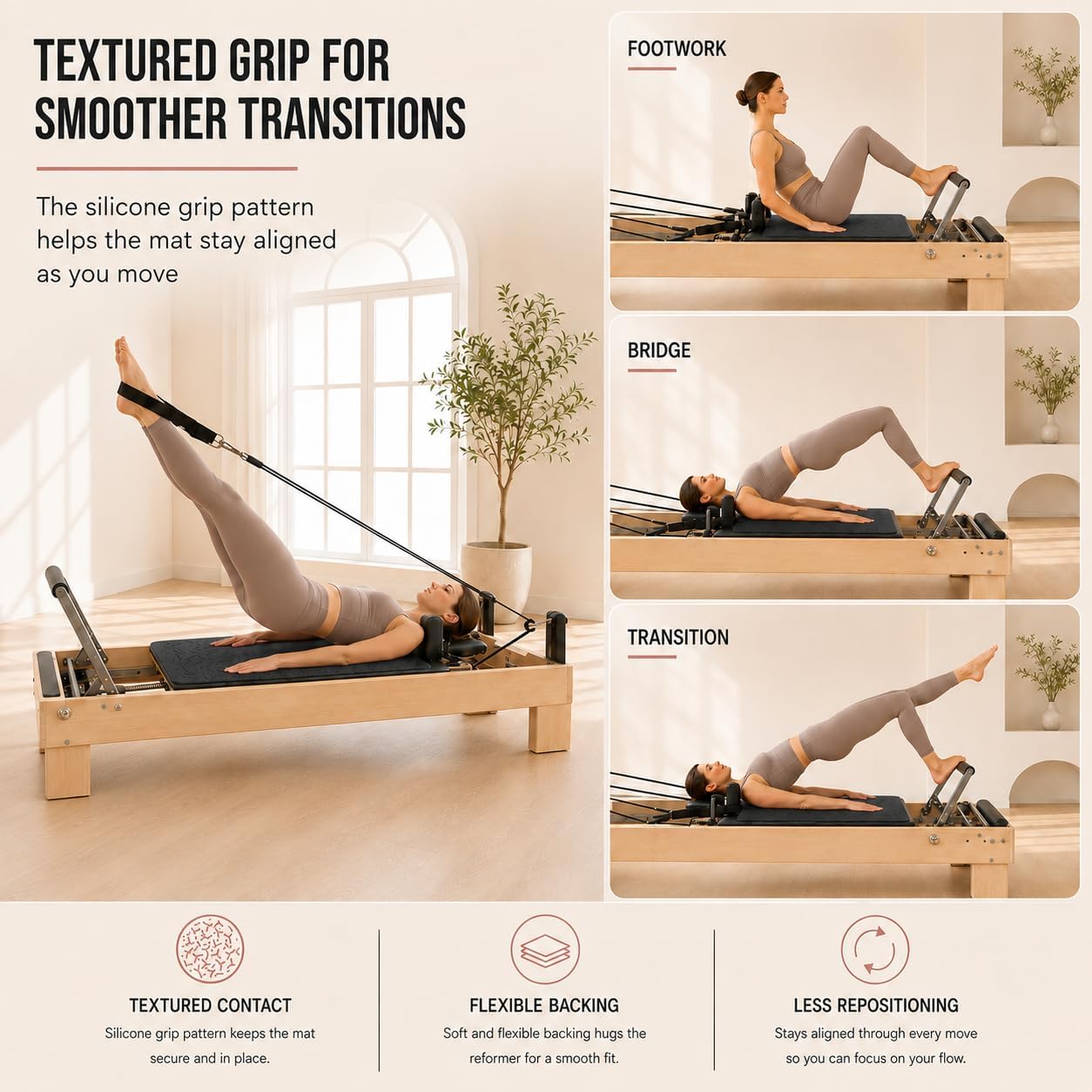 Pilates Reformer Mat, 1.5mm Velvet, Non-Slip Silicone Base, Sweat-Absorbent