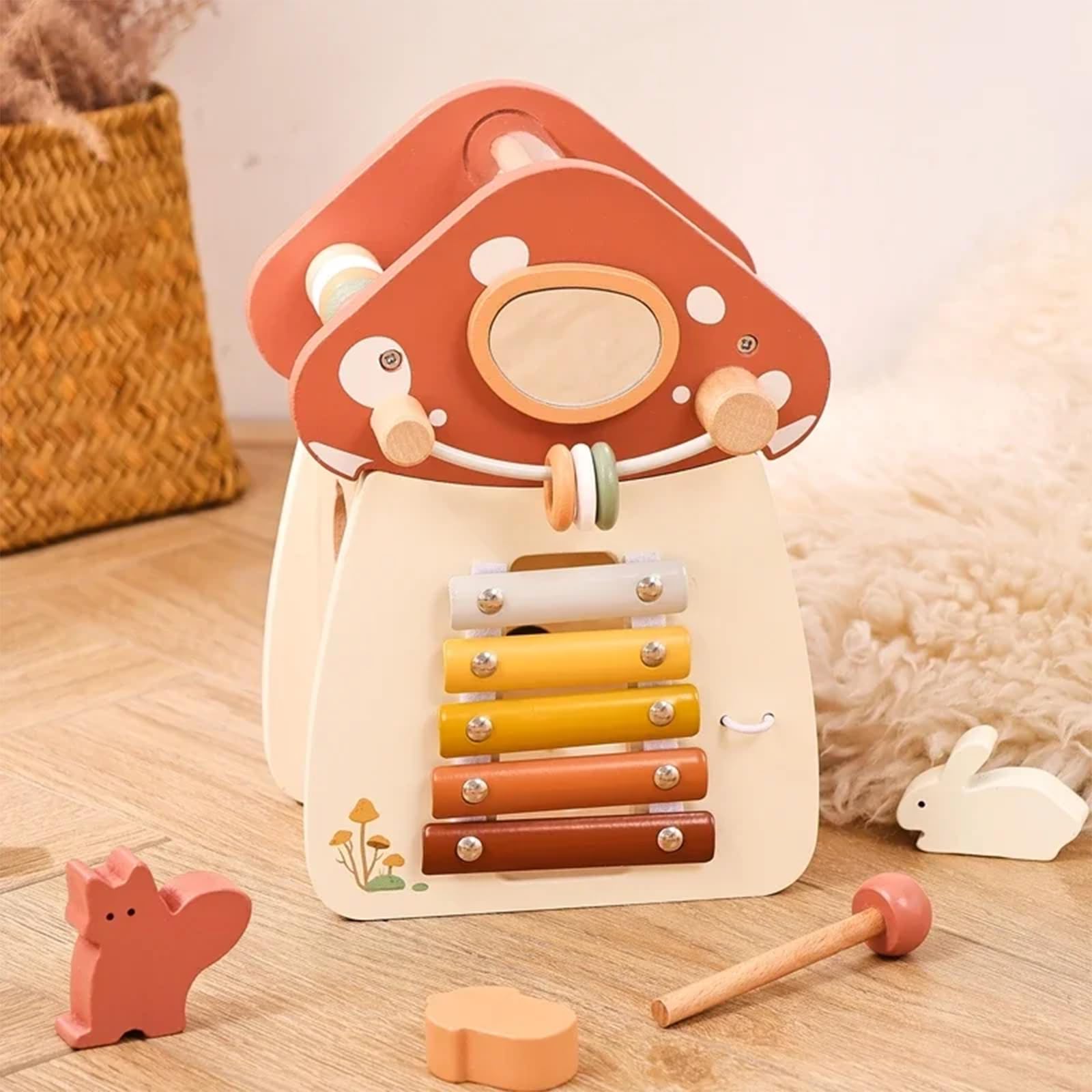 Cubo di attività in legno, classificatore di forme Montessori e giocattolo dell'Arca di Noè, centro di apprendimento musicale multisensoriale con manopole a fungo ed elementi a percussione