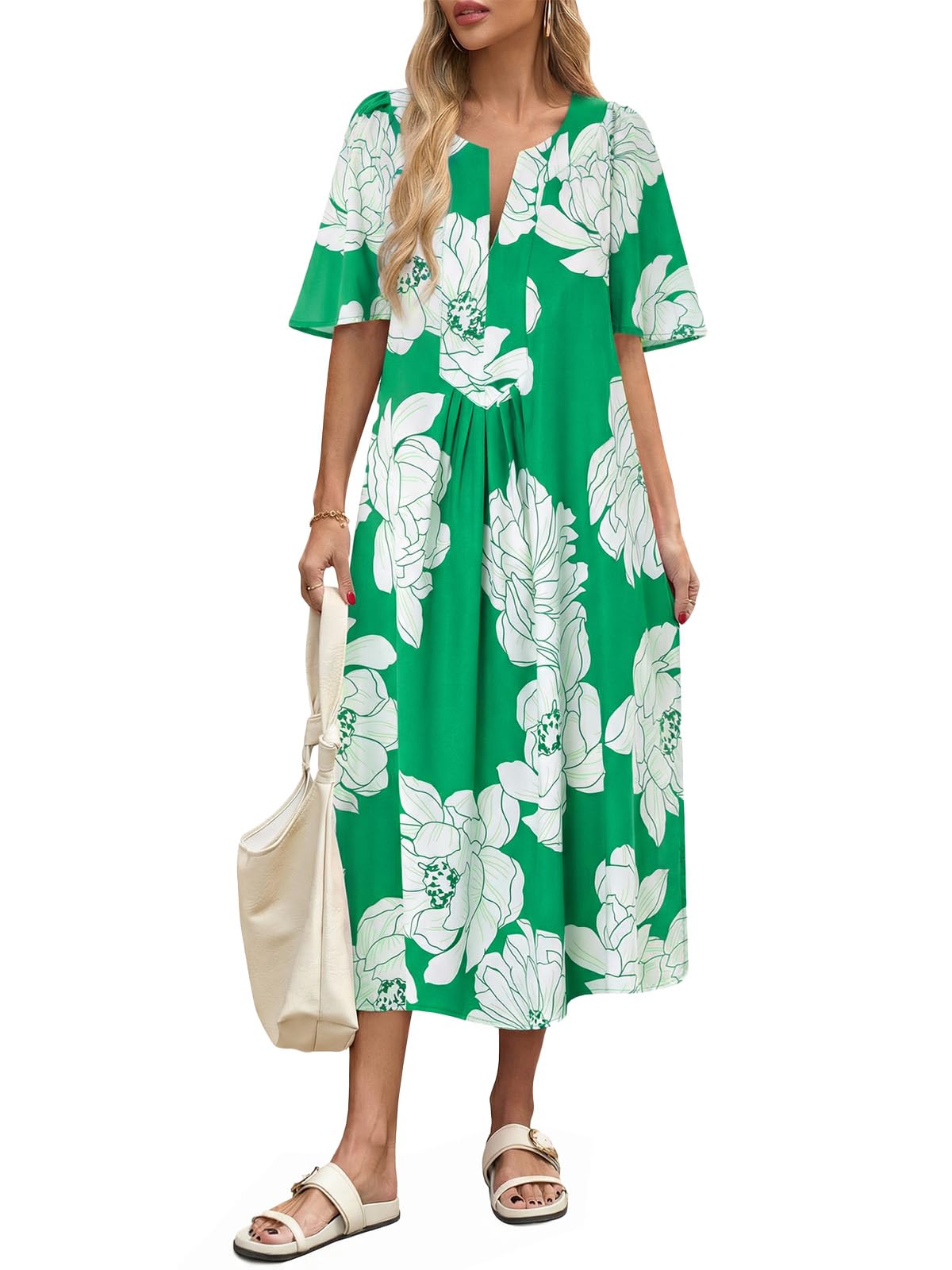 Wenrine Womens Casual Maxi Dress Short Sleeve Loose Flowy Summer Dresses