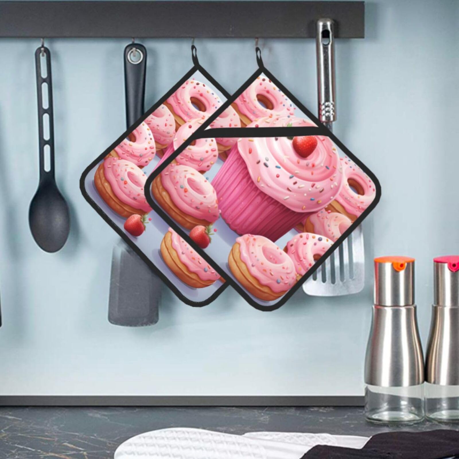 2 Pcs Pot Holders for Kitchen Heat Resistant Cotton Potholers Pink Donut and Cupcake Oven Hot Pads for Microwave Cooking Baking BBQ