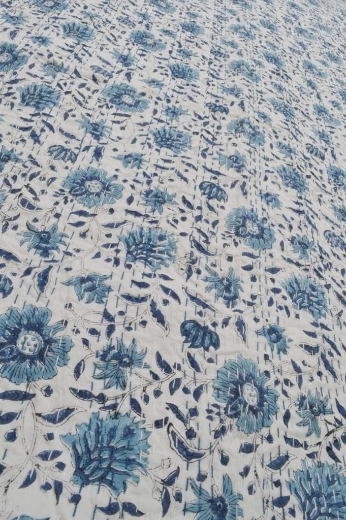 Indian Hand Block Print Kantha Quilt, Cotton Bed Cover, Twin/Queen Bedspread, Handmade Coverlet Blanket (Block 08, Queen) - Image 6
