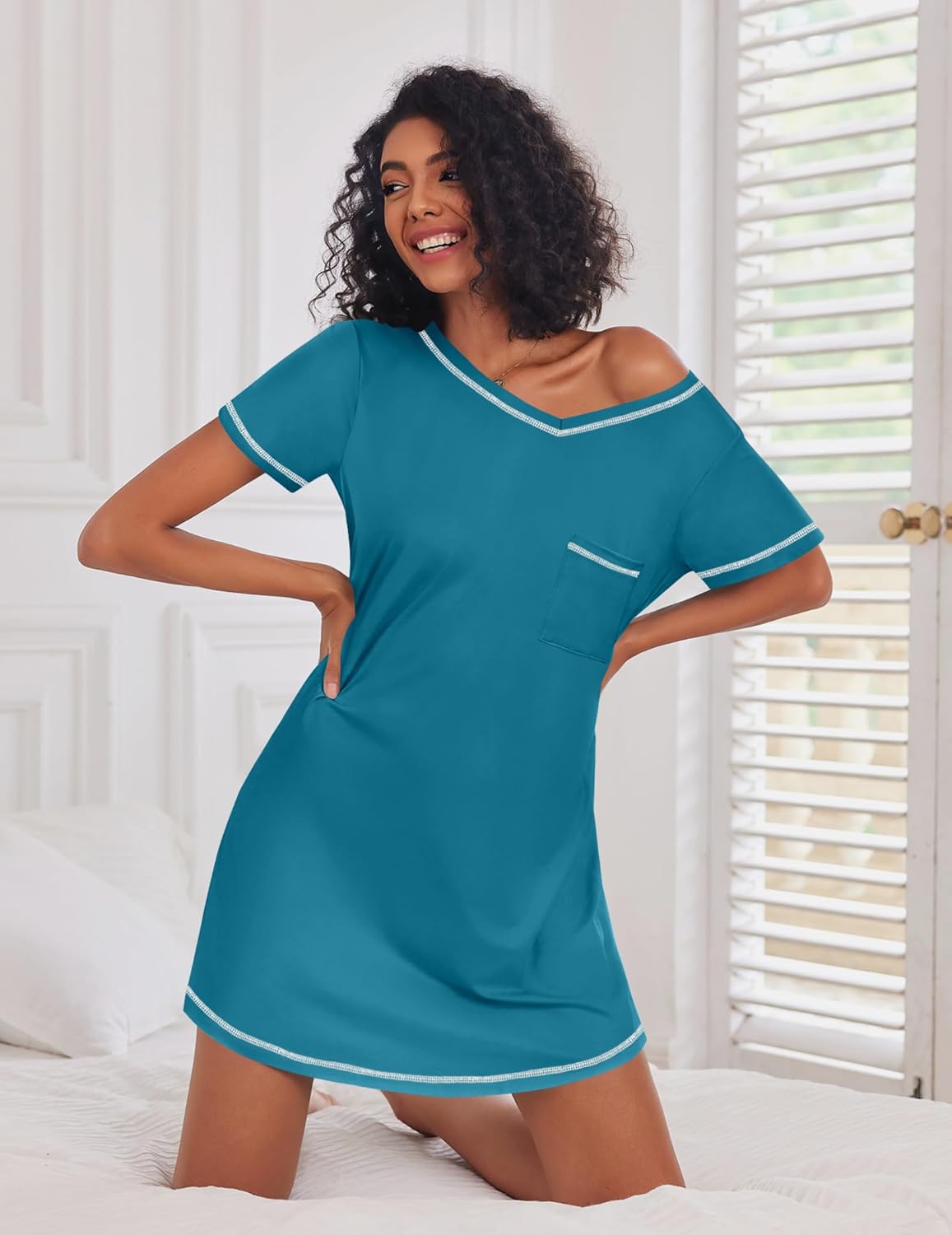 Ekouaer 3 Pack Nightgowns for Women Short Sleeve Sleep Shirts T Shirt Night Gown V Neck Nightshirts Soft Sleepwear Dress - Image 4