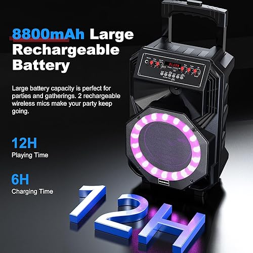Miniatura 5 de Máquina de karaoke con 2 micrófonos inalámbricos, ruedas giratorias y carrito  Altavoz Bluetooth portátil de 8800 mAh, sistema PA con luces, graves