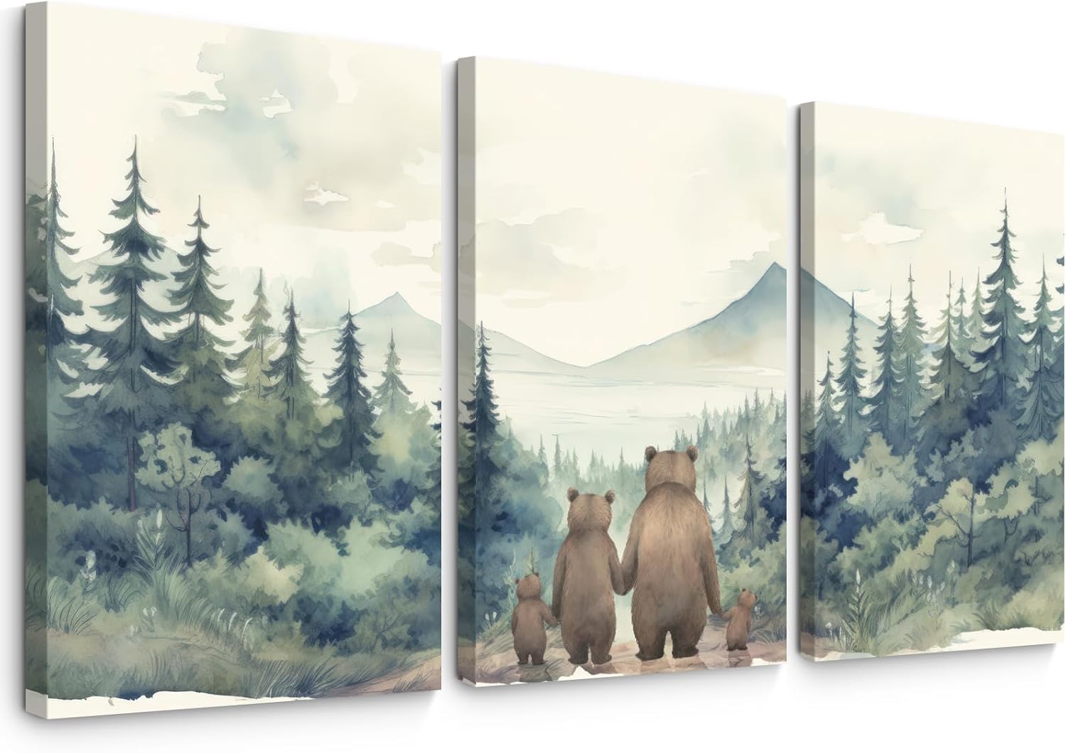 Nursery Animal Wall Art Woodland Bear Wall Decor Wild Forest Animals Canvas Pictures Baby Nursery Woodland Poster Watercolor Forest Painting Family of Four for Boy Kids Bedroom 16x24x3 Inch Framed 16x24 Inch Canvas Bear Family Prints