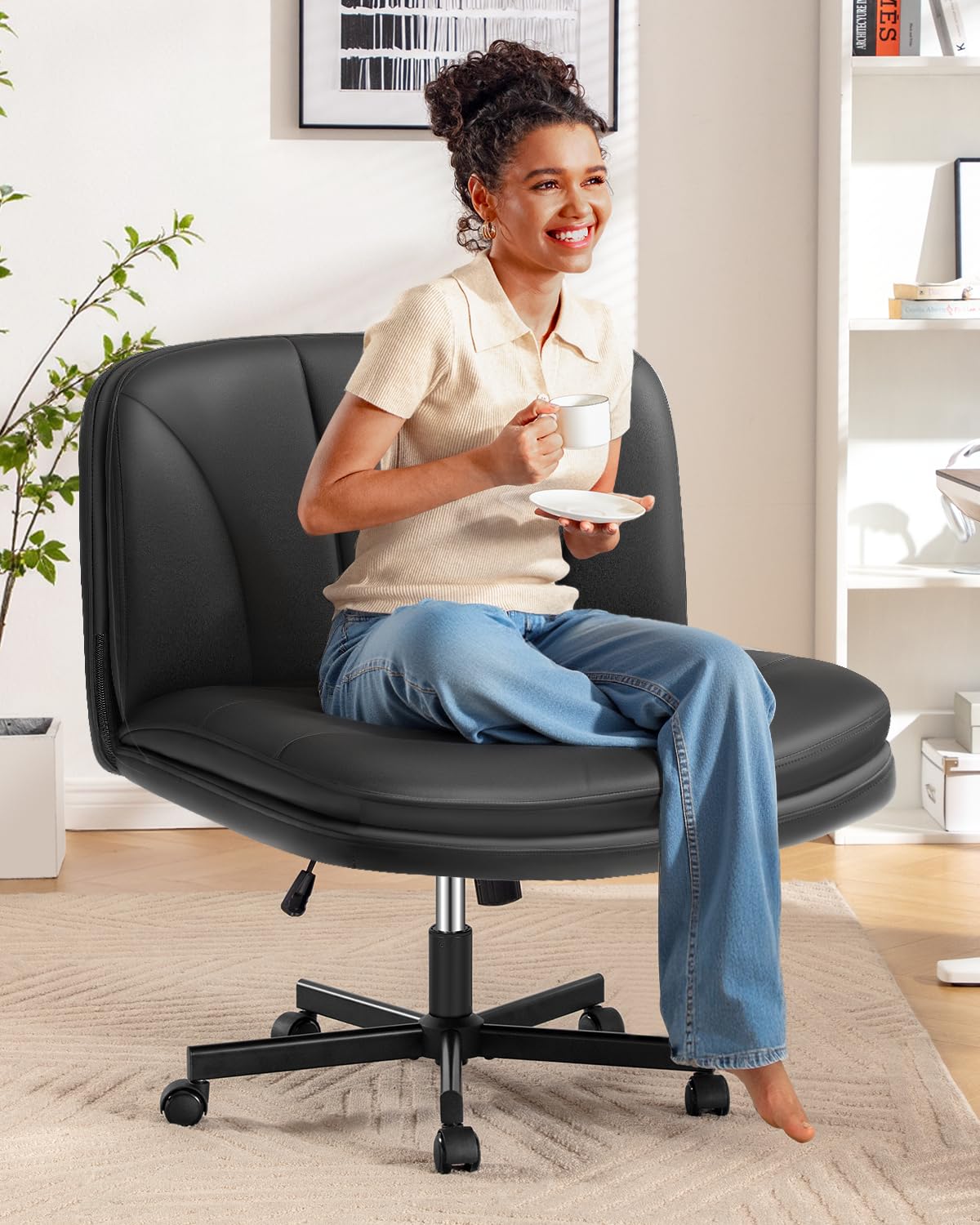 FelixKing Criss Cross Chair with Wheels, Cross Legged Office Chair, Armless Wide Vanity Desk Chair with 2 Layer Comfty Velvet & Back - Swivel for Home