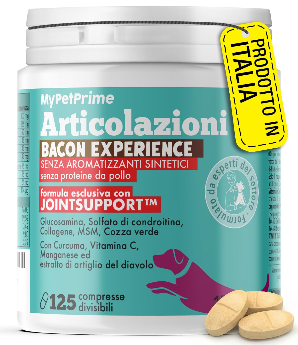 MyPetPrime Articolazioni Cane Mangime Complementare 125 Compresse | Nuova Formula JointSupport con MSM, Polvere di Cozza Verde, Glucosamina, Condroitina e Artiglio del Diavolo
