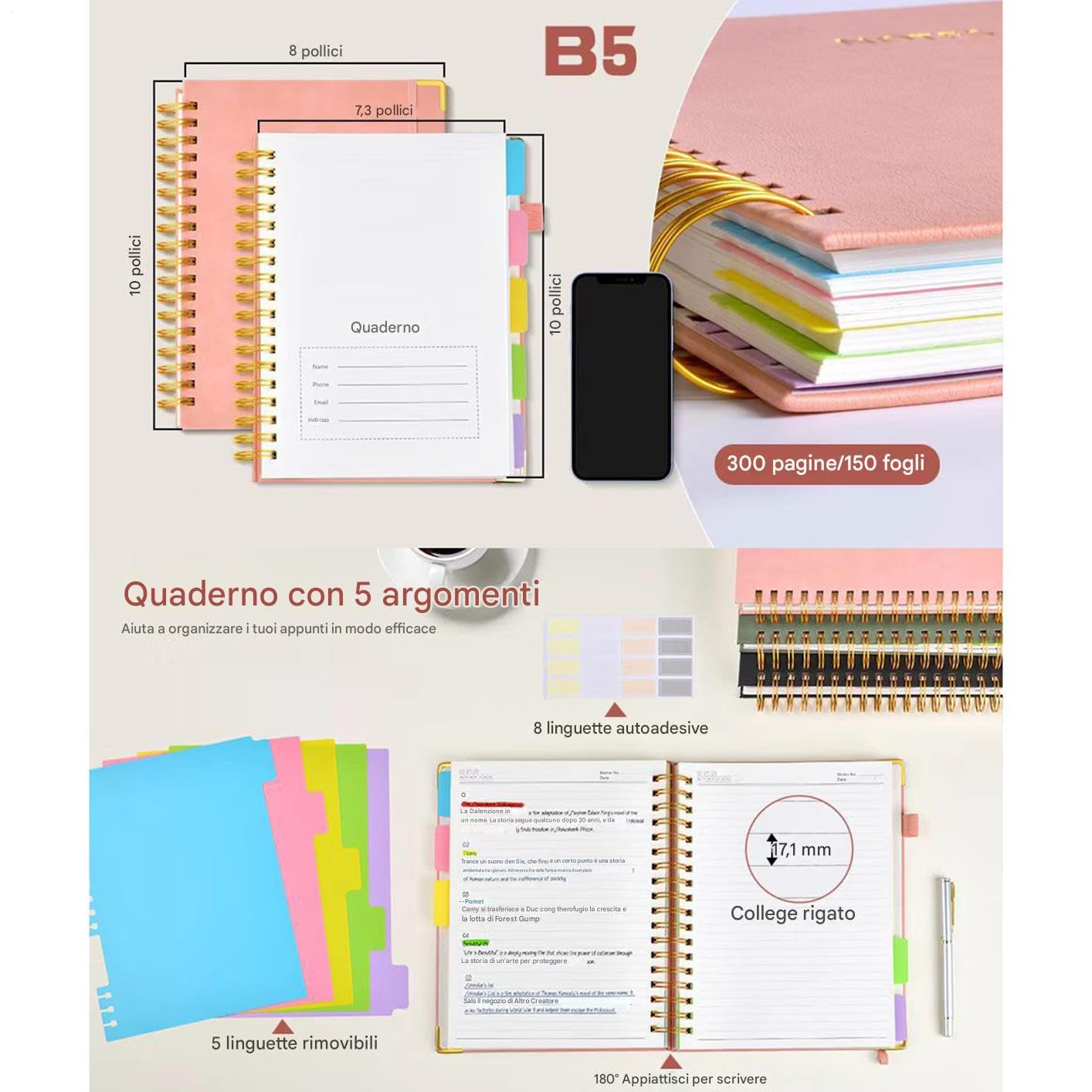 Quaderno a Blocco note con divisori rimovibili e linguette per planner 300