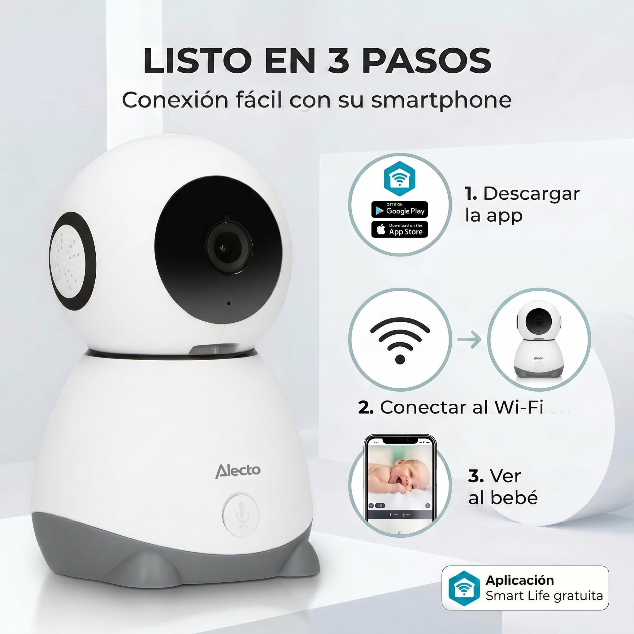 Alecto SMARTBABY10 WiFi Vigilabebés con Cámara HD 1080p - Vigilabebés Inteligente con Control Móvil - Video Vigilabebés Cámara y Audio - Blanco
