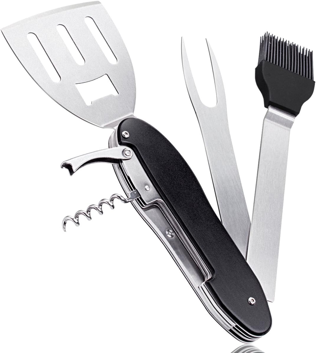 BBQ Grilling Multi Tool 5-in-1, BEST88 Barbecue Accessories Portable Folding BBQ Tool and Detachable Grill Tool Set with Bag Barbecue Spatula Fork Silicone Barbecue Brush Corkscrew Wine Lever Opener