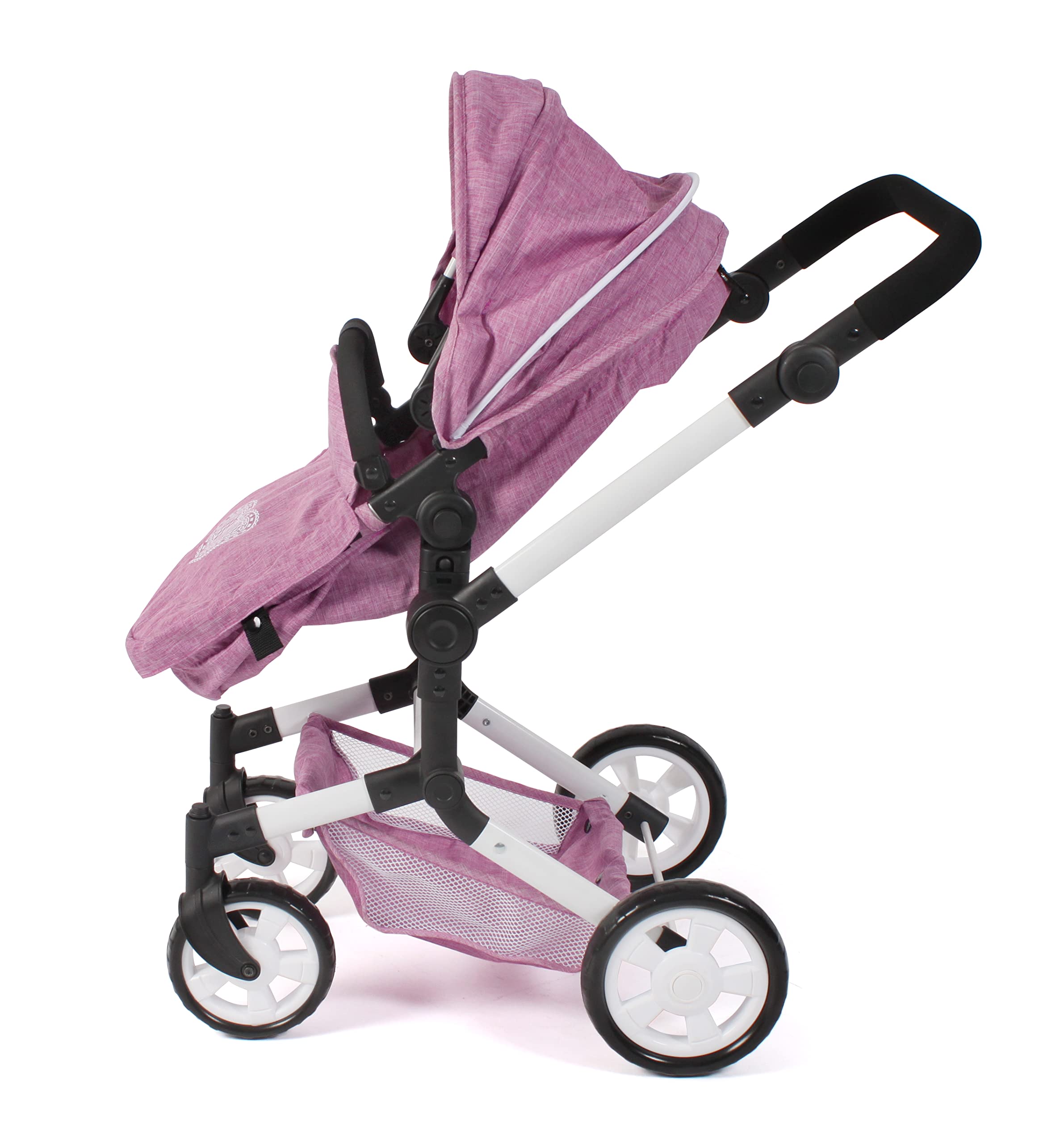 Bayer Chic 2000® 2 w 1 wózek dla lalek Linus - dżinsy różowe - składany, uchwyt z regulacją wysokości 47-78 cm – lalki do 52 cm, 4-8 J.