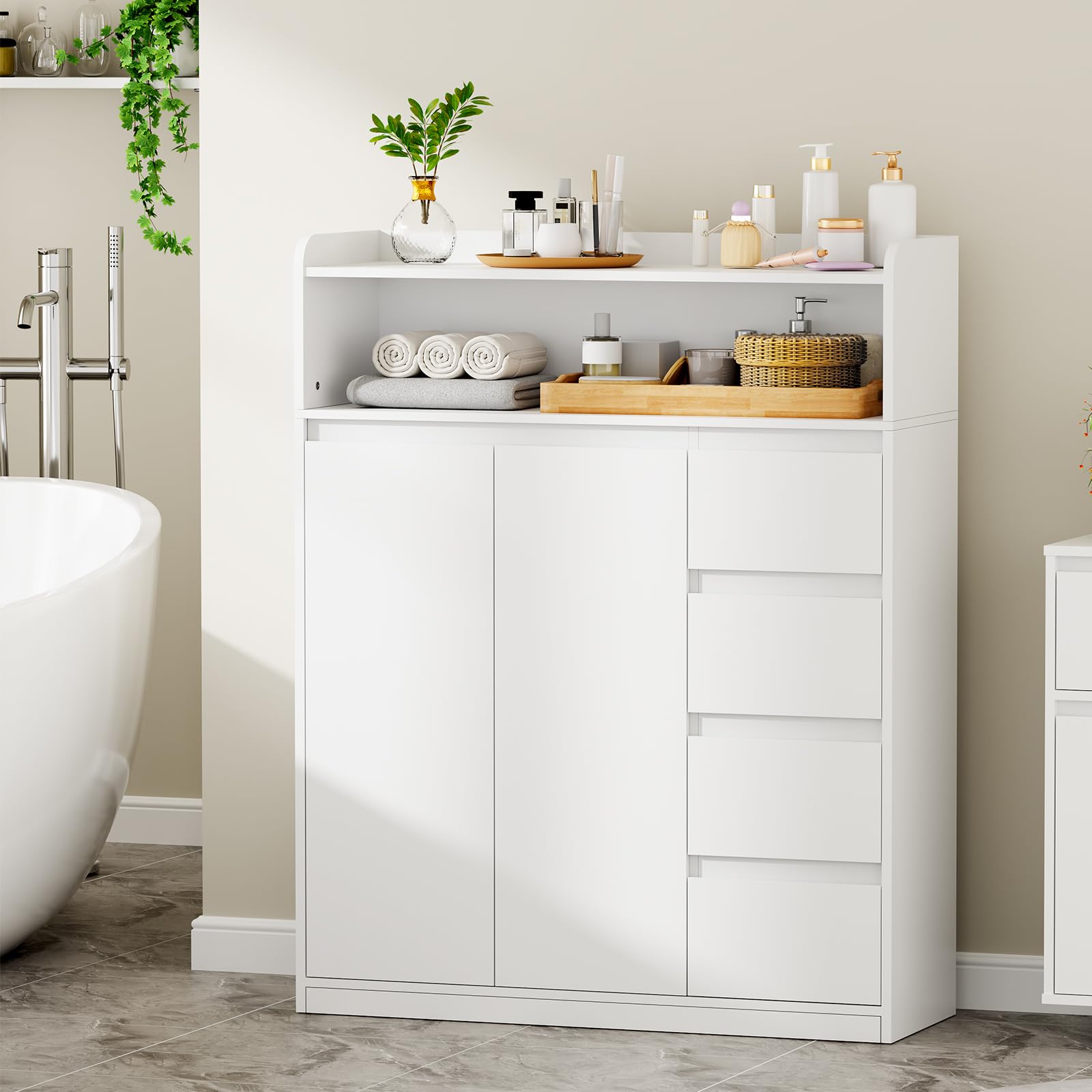 ANWBROAD Badezimmerschrank, Badschrank mit 4 Schubladen, Kommode Badezimmer 2 Schranktüren und 5-lagige Verstellbarer Ablage, Kommode für Badezimmer, Wohnzimmer, Küche, 110 × 80 × 30 cm, Weiß, SBC015W