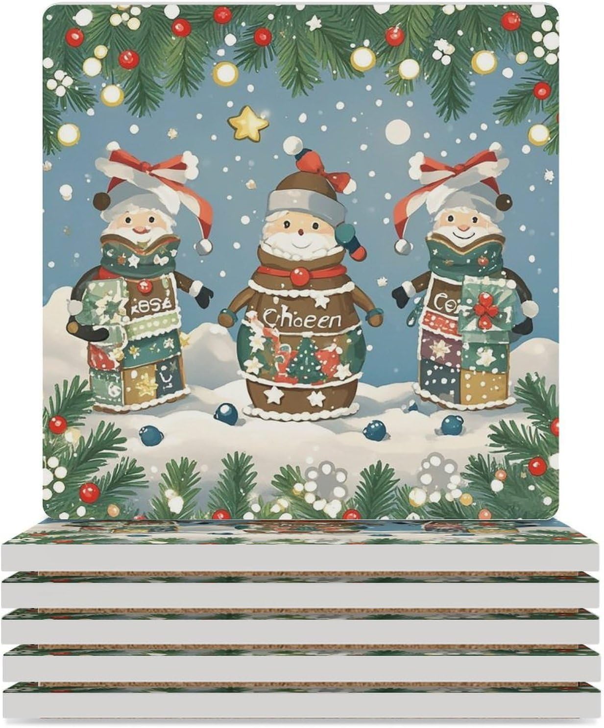 Christmas Cheer Coasters Absorbent Ceramic Coasters for Drinks Coaster with Cork Backing for Table Protection Square Drink Cup Mat Modern Style Coaster for Coffee Table
