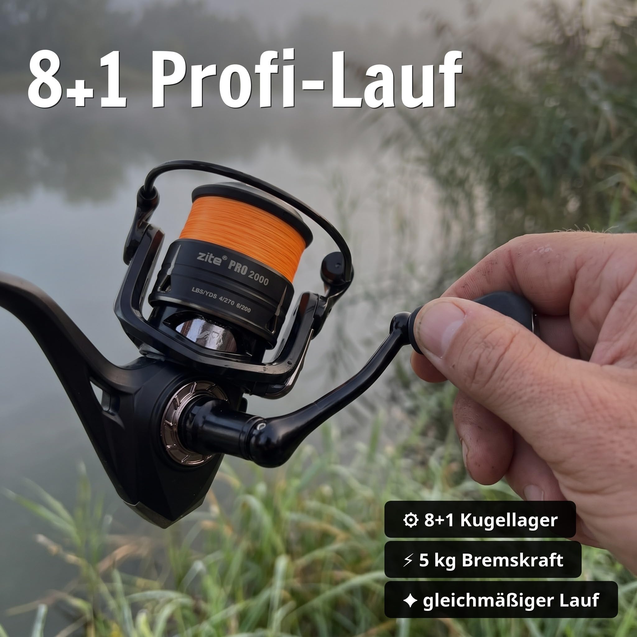 Zite Carrete de pesca Spinning Pro 2000-4000 | Carrete giratorio con freno delantero | 8+1 rodamientos de bolas | Manivela plegable de aluminio y mango EVA | Para trucha, perca, lucioperca y lucio