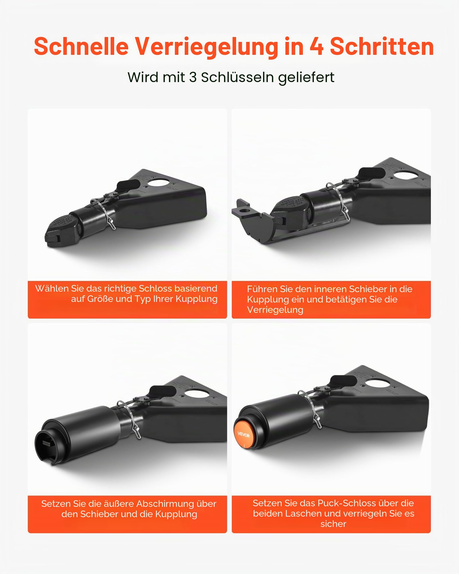 VEVOR Anhängerschloss, kompatibel mit 50,6 mm und 58,7 mm Kupplungen, Diebstahlsicherung mit 3 Schlüsseln, korrosionsbeständig, Sicherheitsschloss für Wohnmobile, Anhänger, Boote