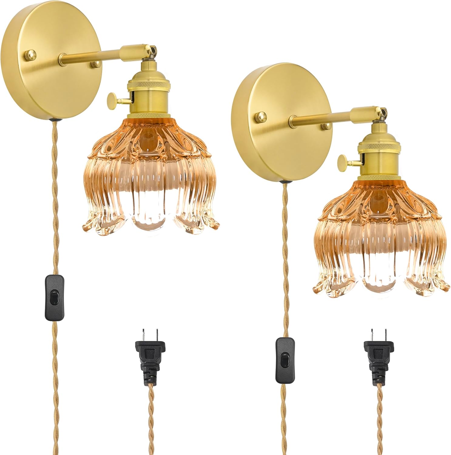 Plug in Wall Sconces Set of 2, Plug in Wall Lamp, Vintage Wall Light with Amber Tulip Glass Lampshade, 3-Way Dimmable with Dual Switches, No Wiring Needed for Bedroom Wall Decor and Hallway ,Amber
