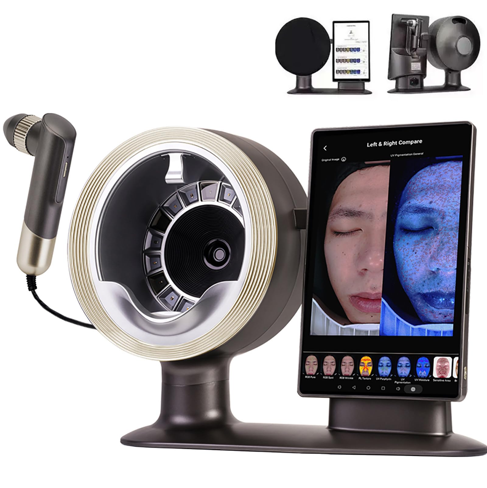Analizador De Piel con IA De 15,6″, Escáner De Cabello Y Piel 2 En 1, 10 Modos De Imagen Espectral | 18 Indicadores De Análisis | 5 Predicciones De Síntomas Cutáneos, con Protector De Luz
