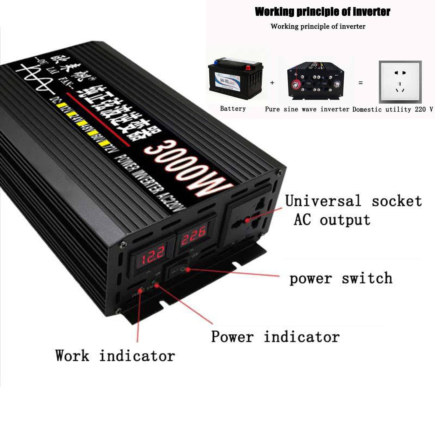 Falownik solarny z wyświetlaczem LCD, przetwornica napięcia 12 V/24 V/48 V/60 V na 220 V/230 V, generator baterii (4000 W 12 V)