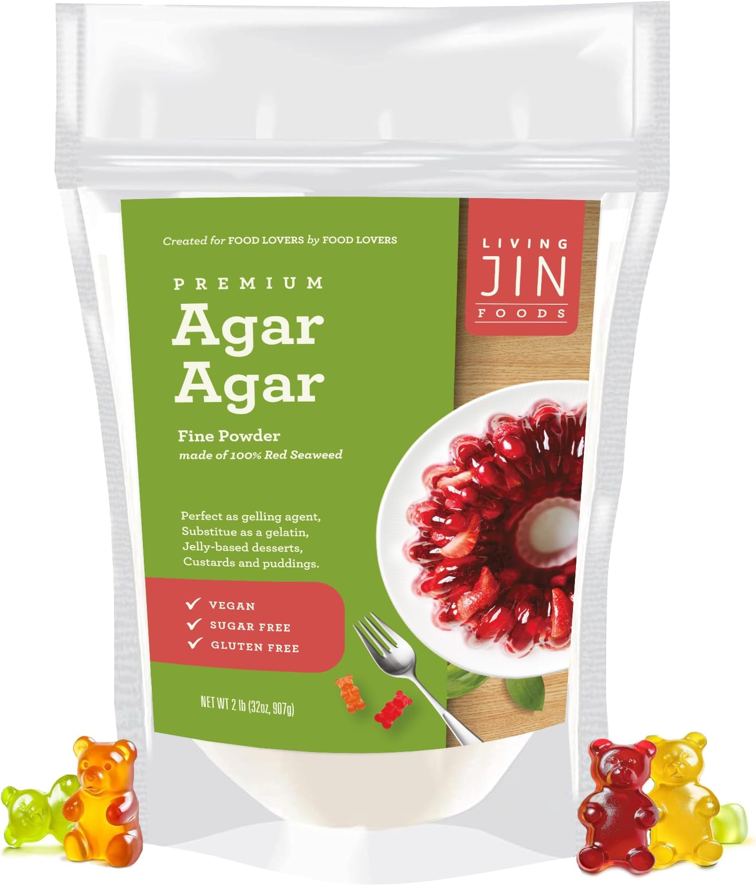LIVING JIN Agar Agar Powder, 32 oz. Plant-Based Gelatin Powder, Vegan Agar Agar, Vegan Jello, Sugar-Free, 100% Natural Red Algae