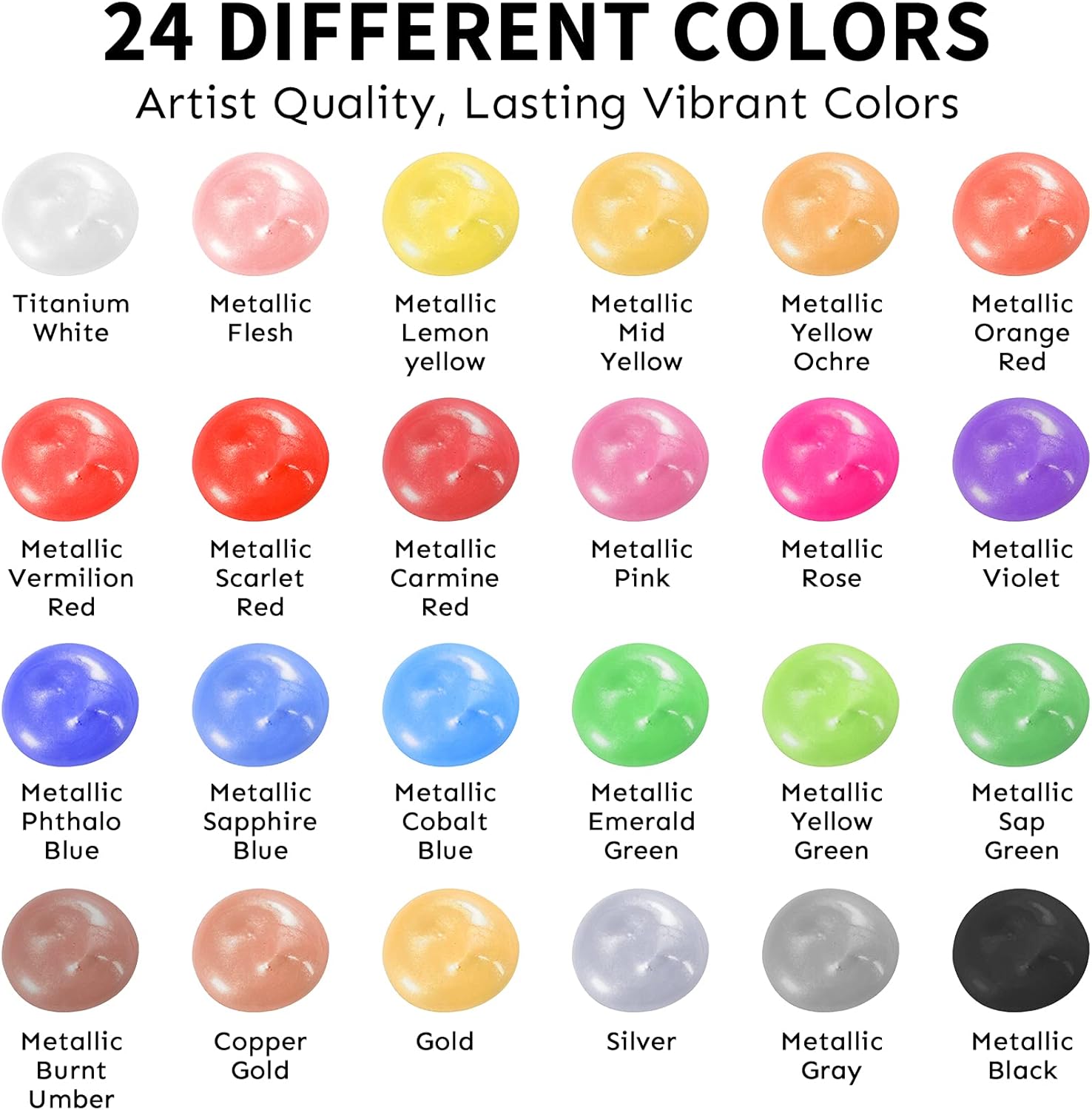 Metallic Acrylic Paint Set, 24 Colors (2 oz/Bottle) with 12 Art Brushes, Art Supplies for Painting Canvas, Wood, Ceramic & Fabric, Rich Pigments Lasting Quality for Artist : Arts, Crafts & Sewing
