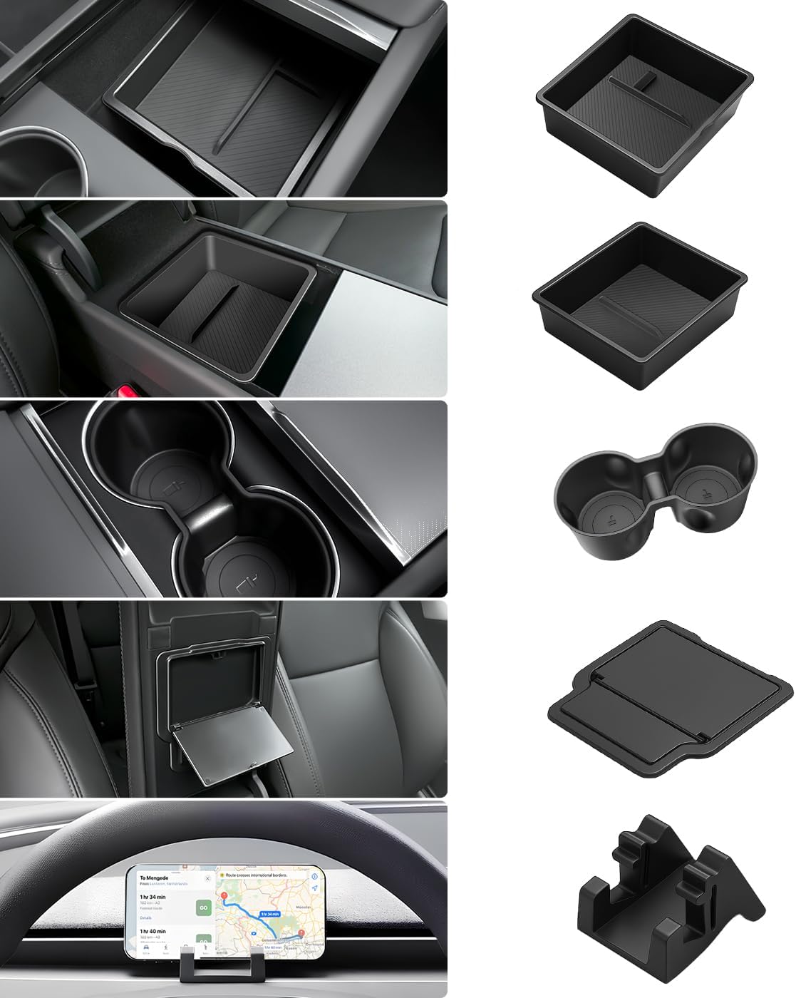 Center Console Organizer 5PCS Compatible with Tesla Model Y Juniper2026, Armrest Storage Tray, Hidden Storage Box, Cup Holder, Phone Holder – Interior Accessories for New Model Y/3 2025
