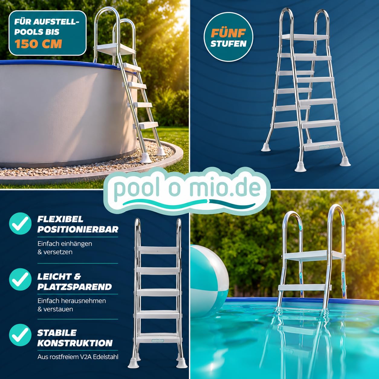 poolomio® Poolleiter Edelstahl V2A mit Handlauf bis 150 cm | Einstiegsleiter mit 5 Stufen für Pools bis 1,50m Höhe | sicherer Einstieg, langlebig, stabil | Sicherheitsleiter Traglast 150 kg