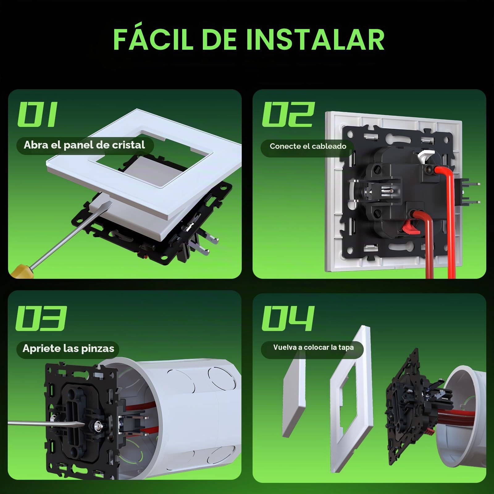 BSEED Interruptor de luz Con Cristal,Interruptor luz pared con Garfio,interruptor conmutador,Botón Pulsador,Fácil Instalación,E-Series,1 Gang 1 Vía,86mm Blanco