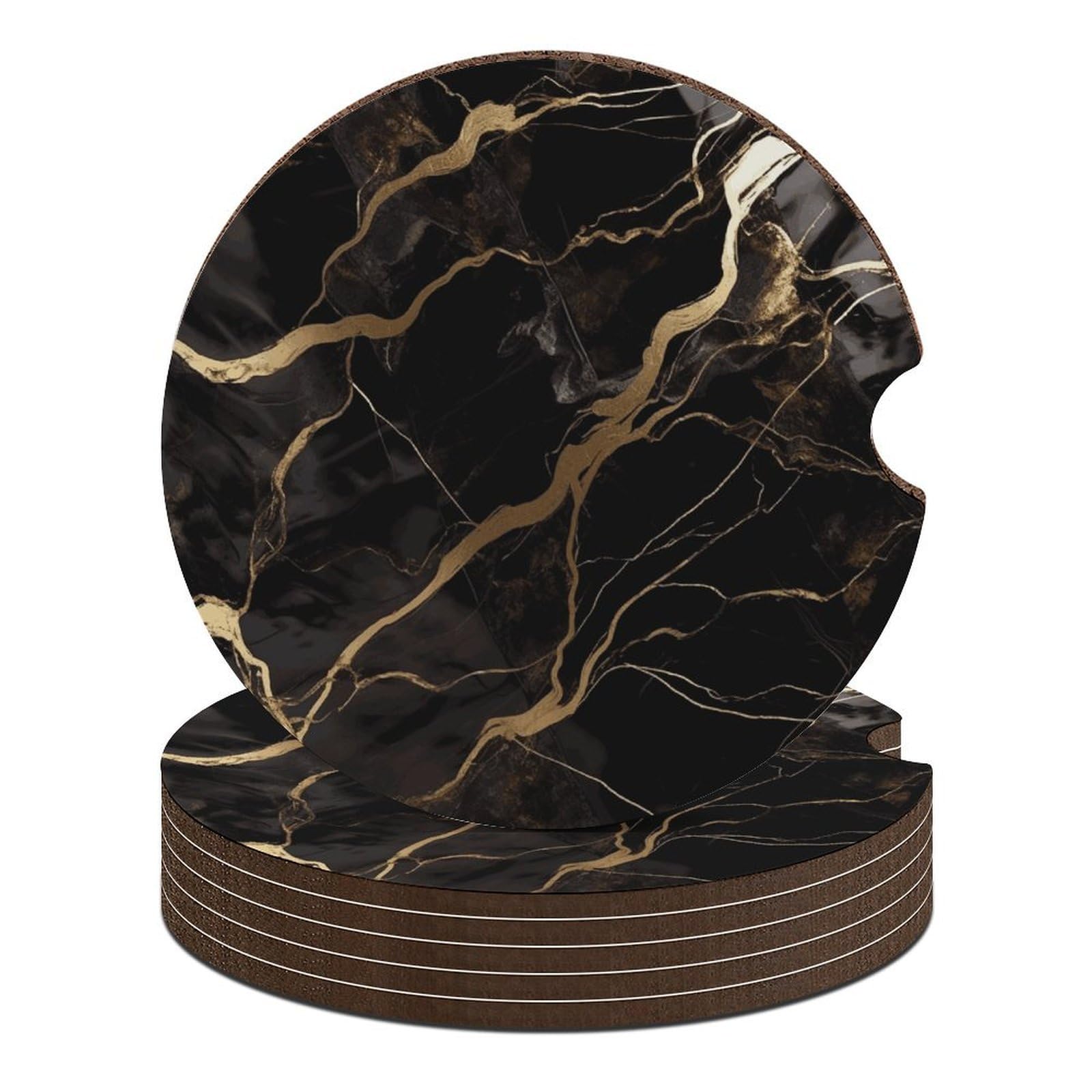 Dessous de verre en marbre noir et doré pour voiture | Lot de 6 antidérapants