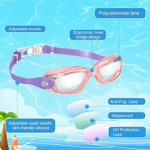 Miniatura 8 de Flutesan Paquete de 6 gafas de natación para adultos y niños, anti niebla, con tapones para los oídos, clip para la nariz, sin fugas, protección
