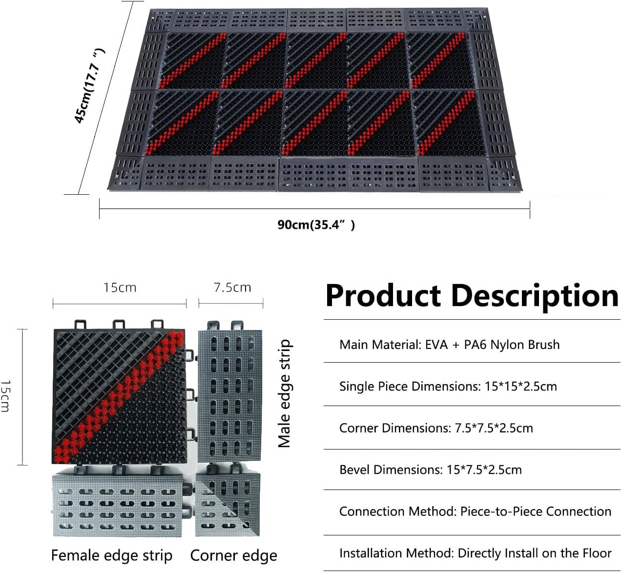 Outdoor doormats,Entrance mat,Double Door mats Outdoor.Boot scrapers with Brushes Outdoor.Splicing Interlocking,Non-Slip;dust-Removing,Waterproof Outdoor mat.（35.4”X 17.7"）