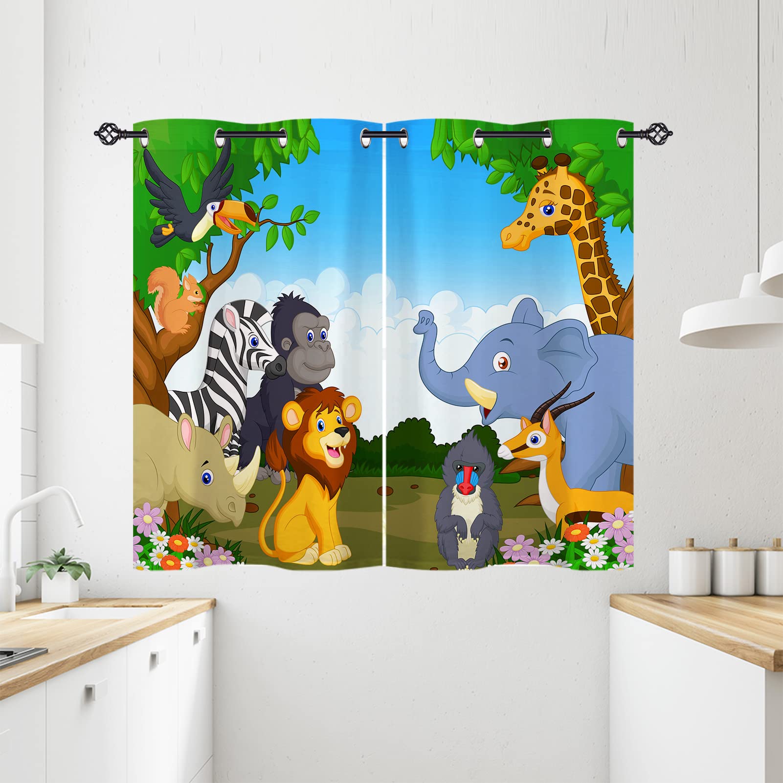 ANHOPE Animal Kitchen Curtains Grommet Waterproof Window Drapes with Jungle Safari Zoo Lion Giraffe Print Pattern Decorative Privacy Curtains for Kids Nursery Bedroom Bathroom 2 Panels 27.5 x 39 Inch