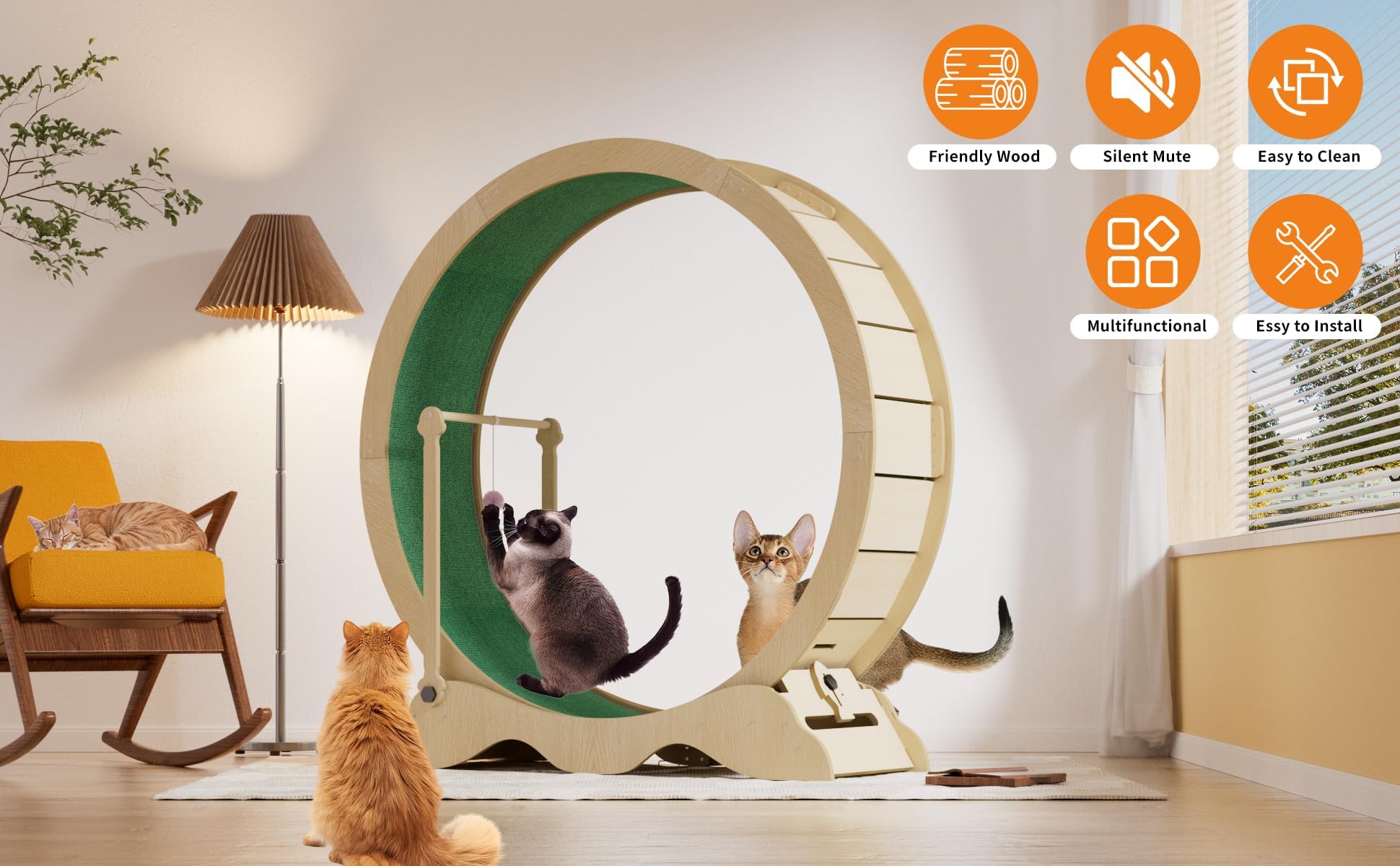 Katzenlaufrad, 115cm Katzen-Laufrad für Indoor-Katze, Laufband mit Abnehmbaren Teppichboden, Lock & Playing Ball, Holzlaufrad für Kleine, Mittelgroße und Große Katzen Fitness-Gewichtsverlust-Gerät - B