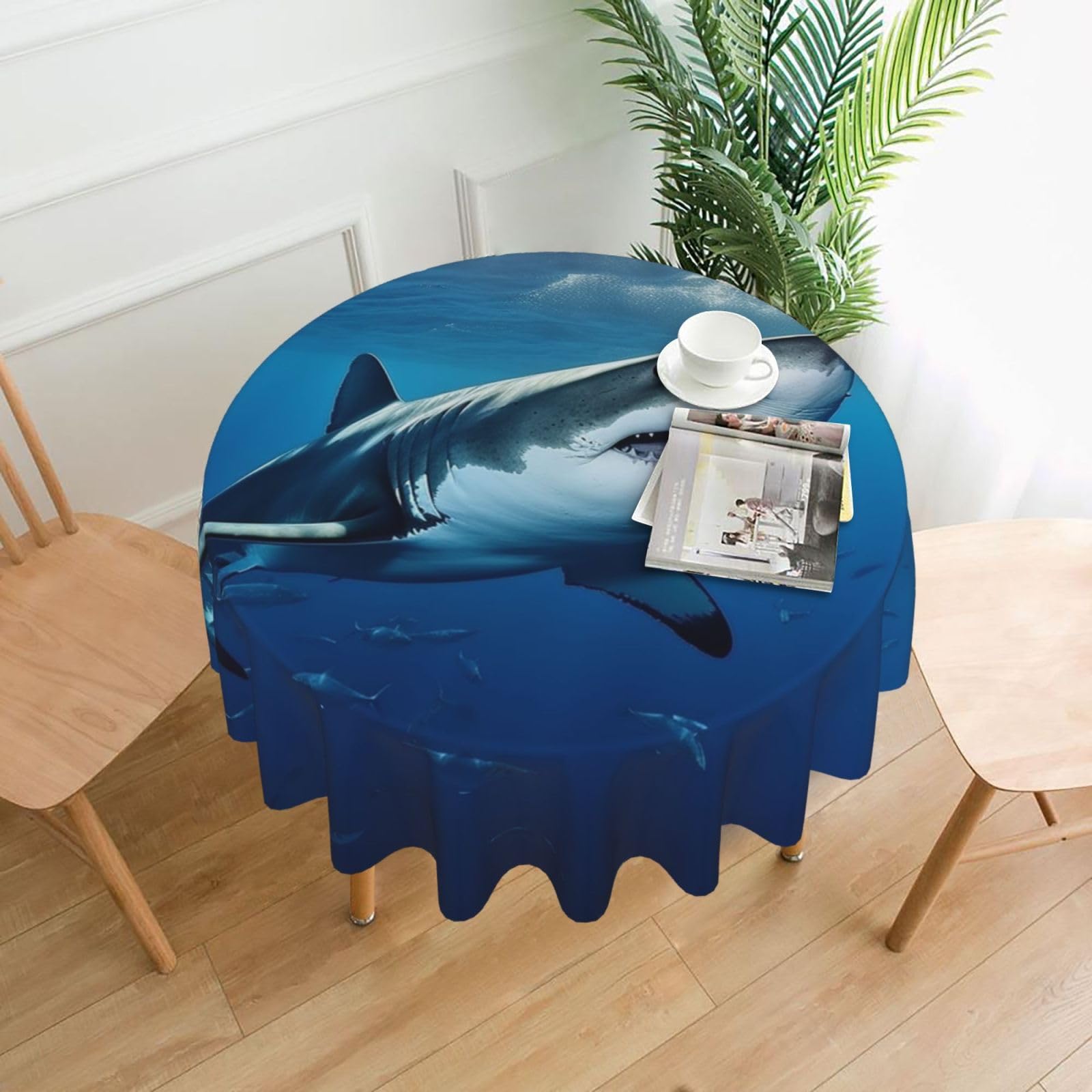 FodPand Ocean Sea Animal Shark Tablecloths for Round Tables 60 Inch - Reusable Washable Dining Table Clothes - Stain and Wrinkle Resistant Decorative Fabric Table Cover for Wedding Party
