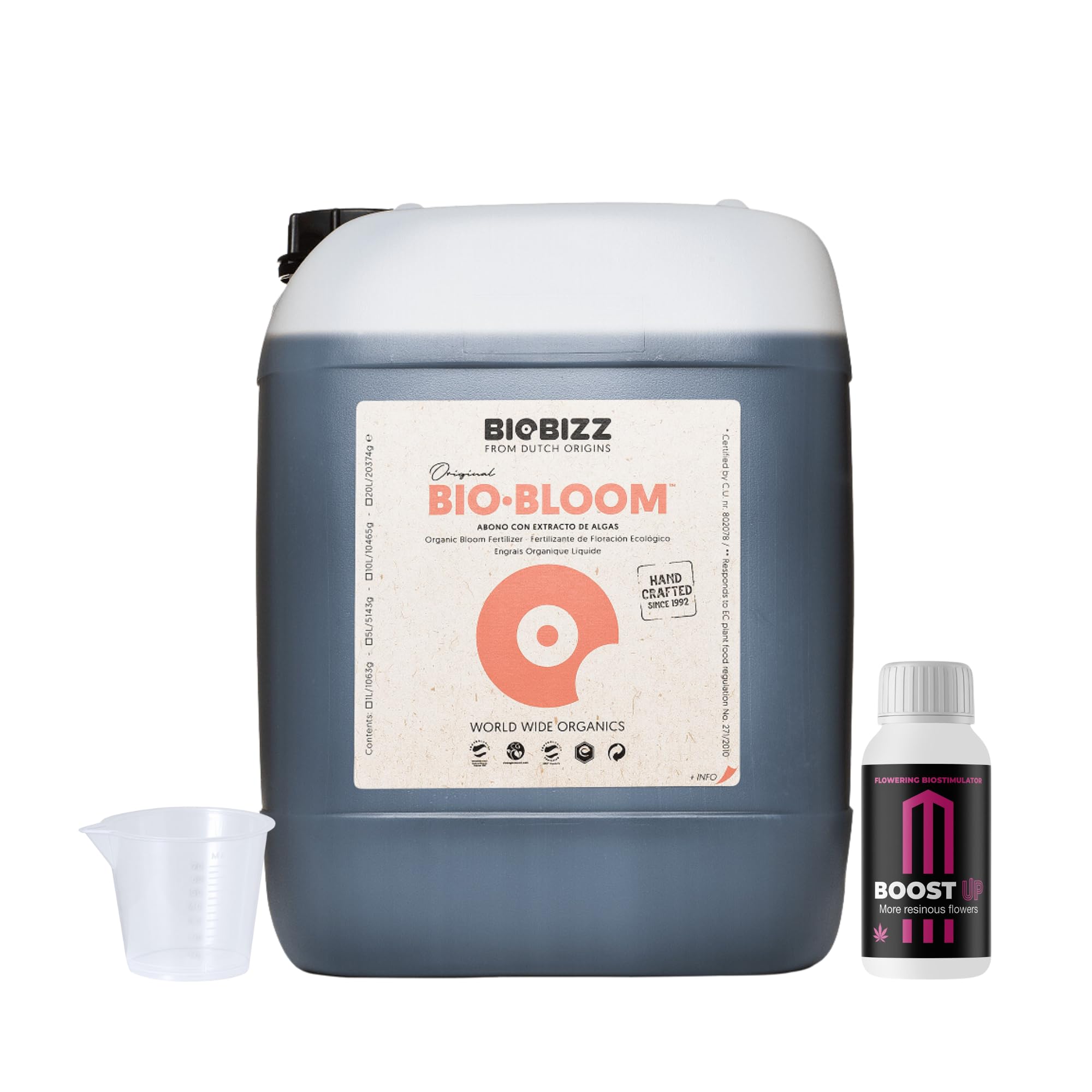 GROWMANIA Bio Bloom von BioBizz 5L + Probe Boost Up von Up Nutrients + Messbecher | Biobloom organischer Dünger für extensive Blüte | Ideal für große Gärten und Obstgärten